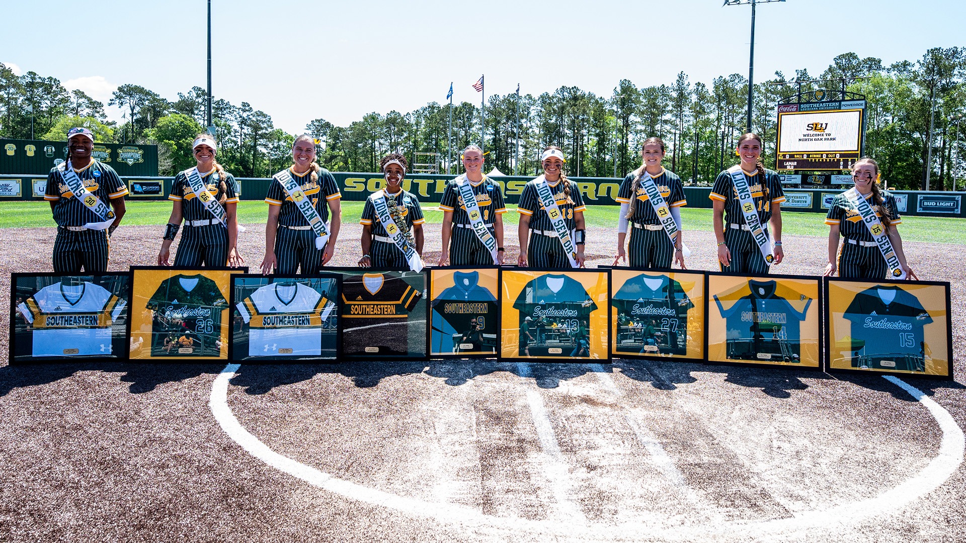 2026 Southeastern Softball Seniors (from left to right) Ka'Lyn Watson, Colleen Kulivan, Cera Blanchard, Shenita Tucker, Macie LaRue, Maria Detillier, Tyler Oubre, Cydnee Schneider and Kailey Dixon on Senior Day April 11, 2026