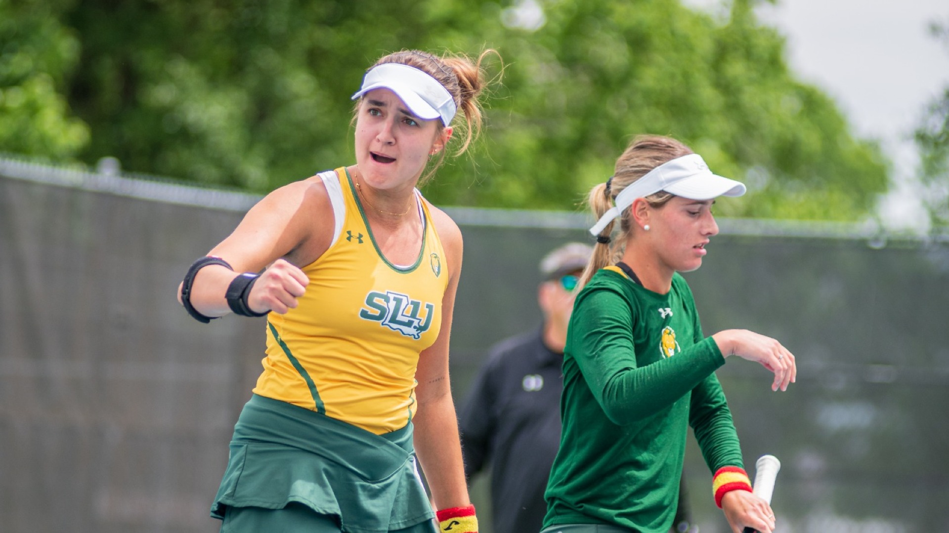 Taisia Bolsova and Aitana Darder celebrate clinching the doubles point versus AMCC April 19.2026