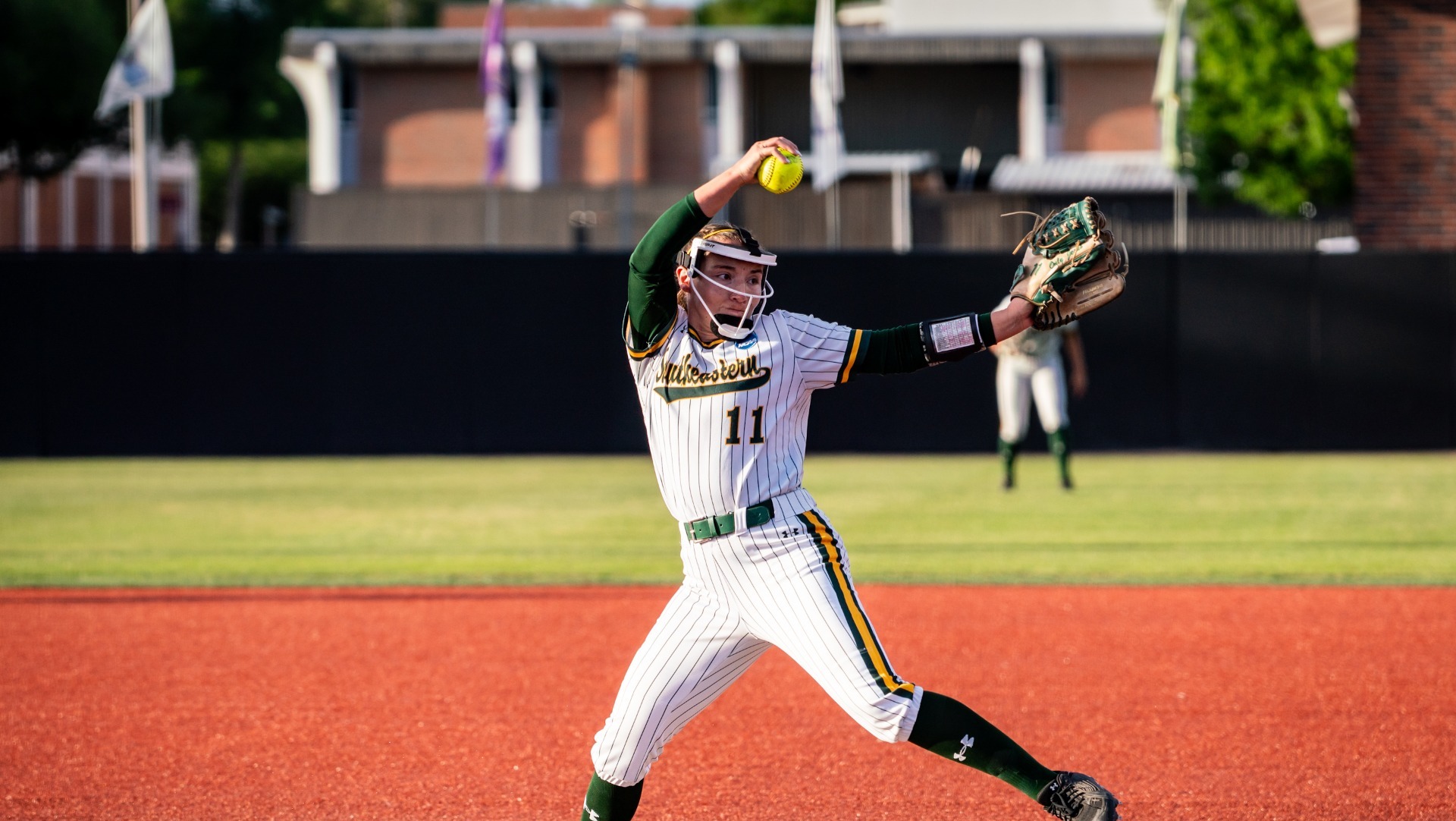 Hallie Burns fires a pitch at Nicholls April 17, 2026