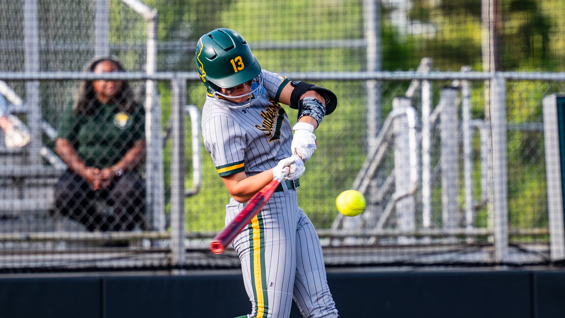 Maria Detillier swings at a pitch versus UIW April 24, 2026