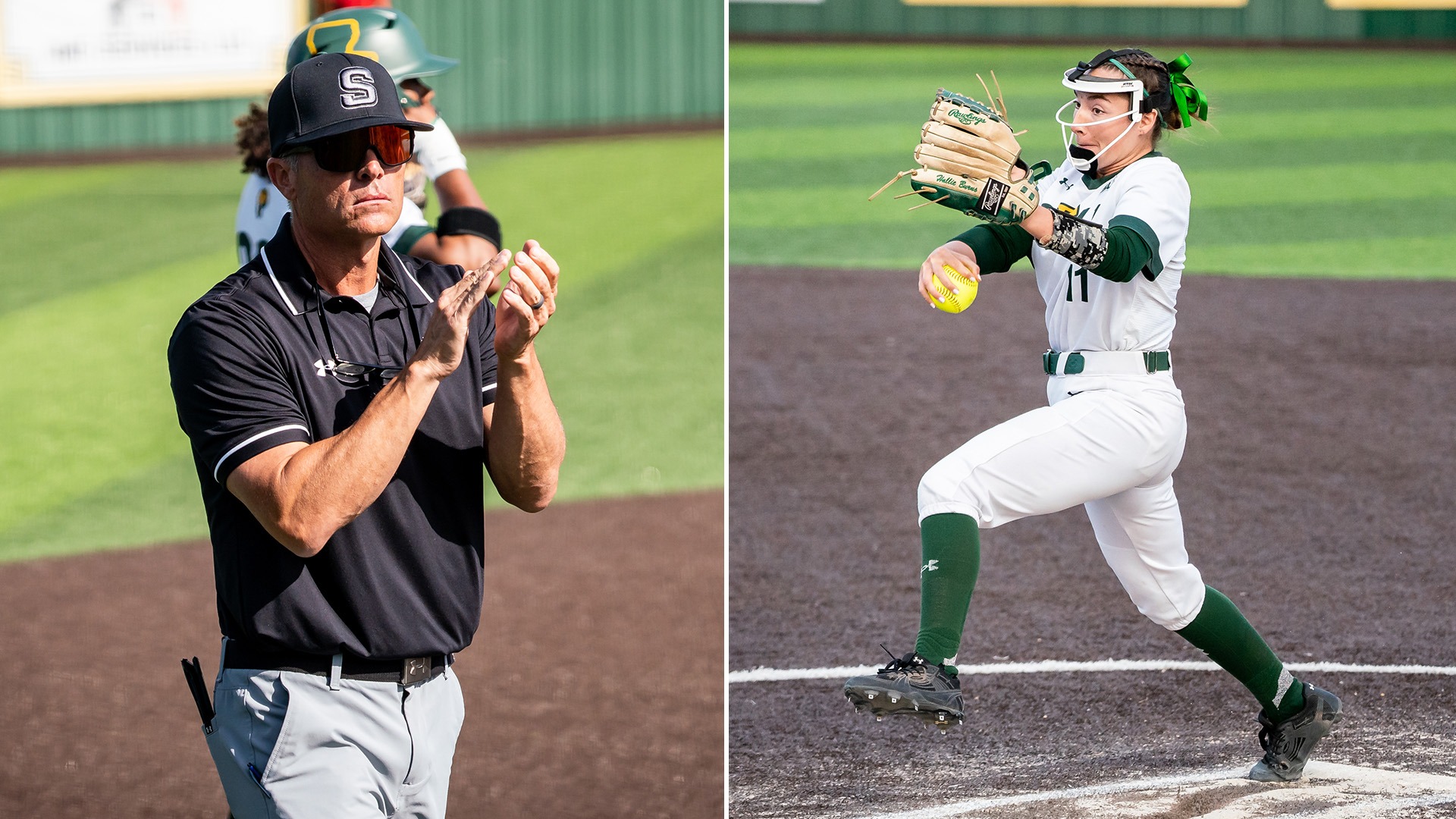 2026 SLC Coach of the Year Rick Fremin and 2026 SLC Pitcher of the Year Hallie Burns