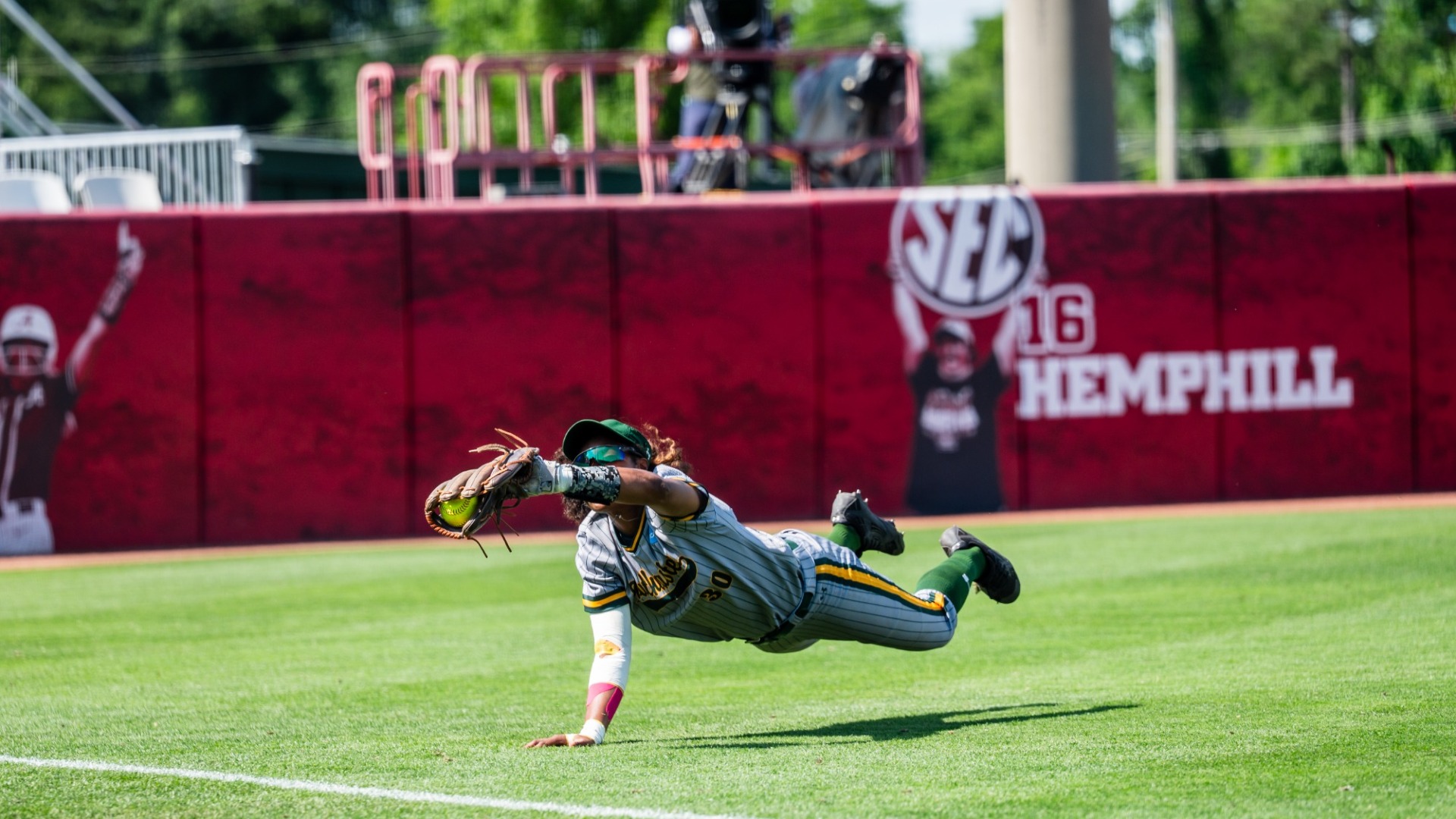 Ka'Lyn Watson dives for a catch versus Belmont at NCAA Tuscaloosa Regional May 15, 2026