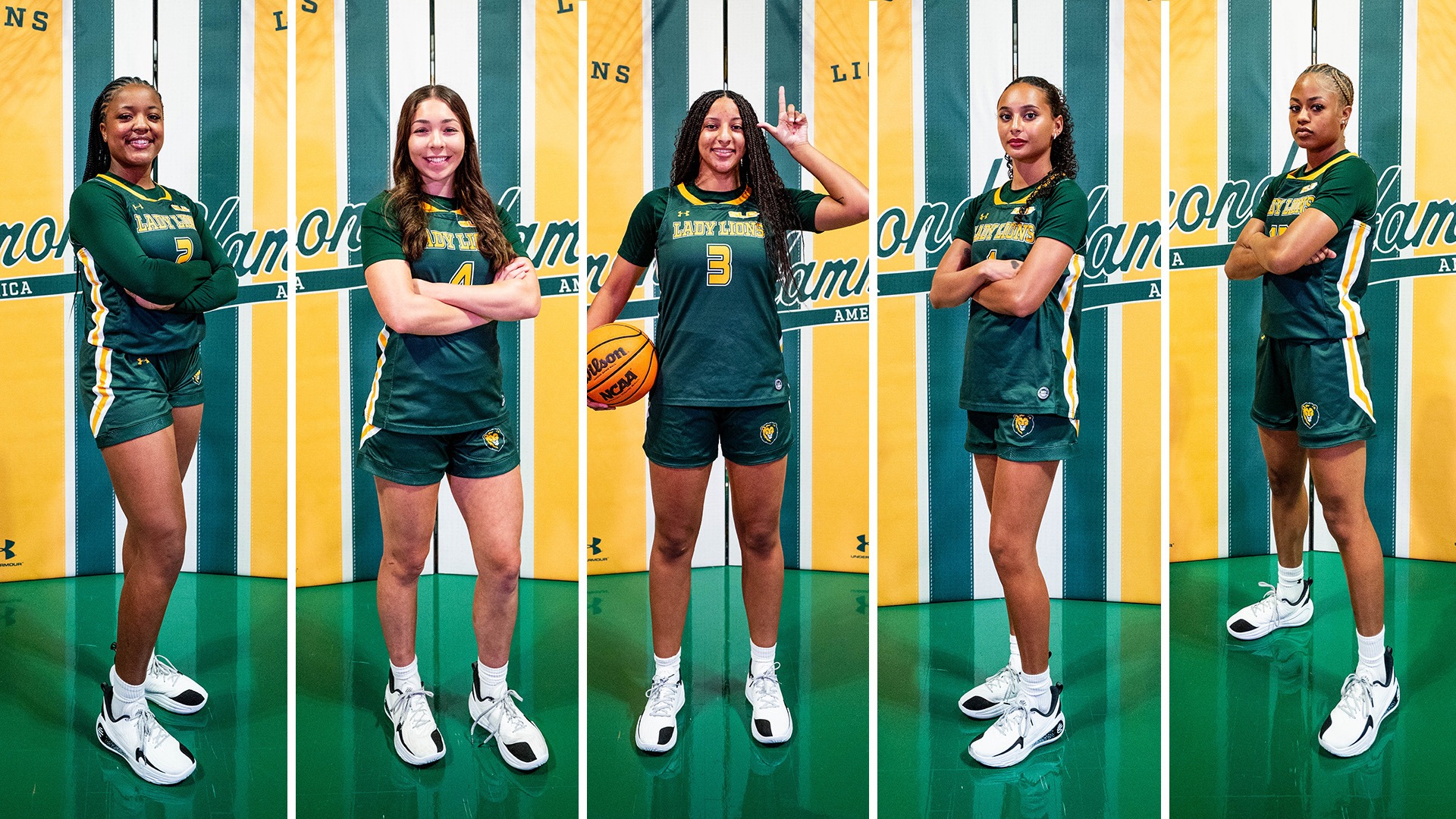 Taylor Wilkins, Mia Ramos, Eryn McKinzie, Natalie Huff, and Erynn Williams stand in front of a Hammond, America backdrop