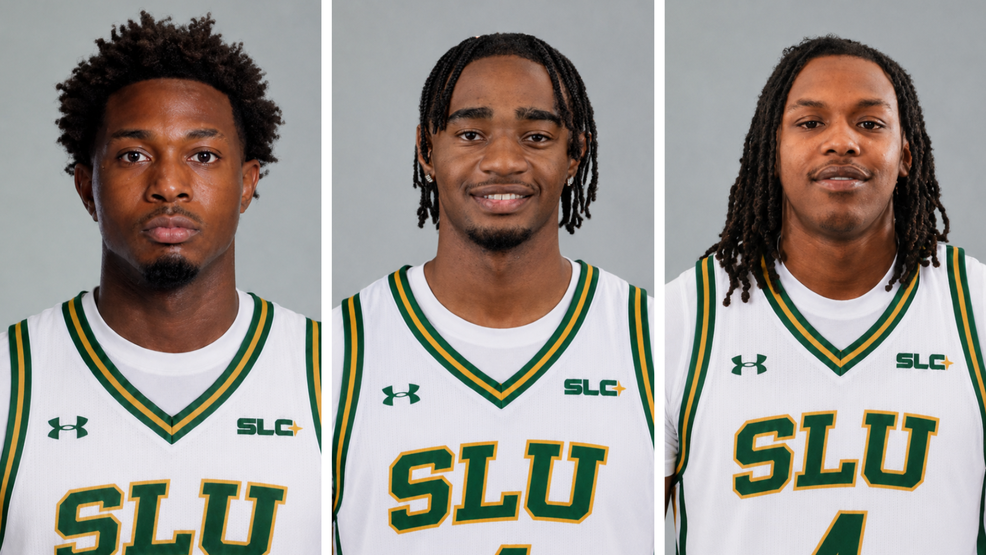 JJ Massaquoi, Tyler Rolison and Tybo Bailey headshot pictures in SLU jerseys' for 2026-27 Signing Class