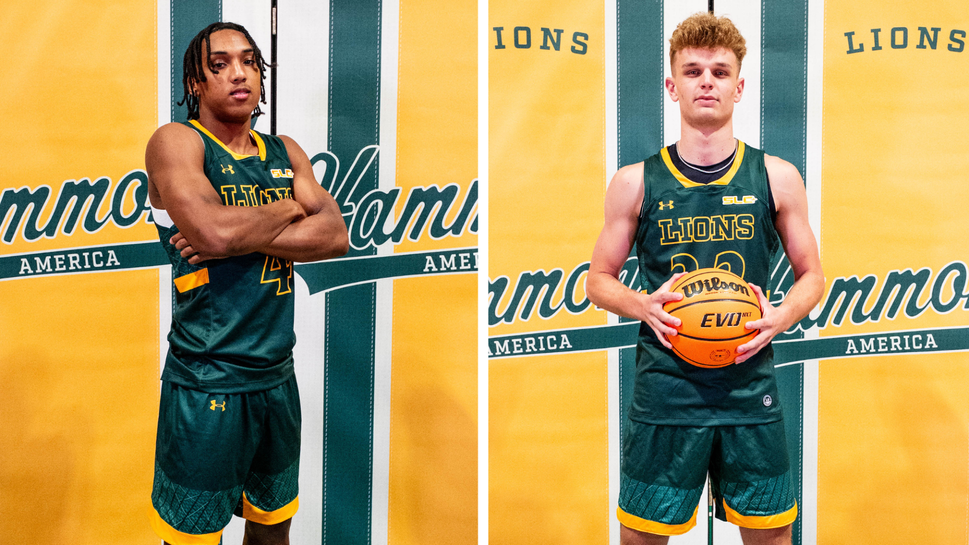 Men's Basketball student athletes CJ Booker and Garrett Shoemaker pose behind backdrop for creative content day
