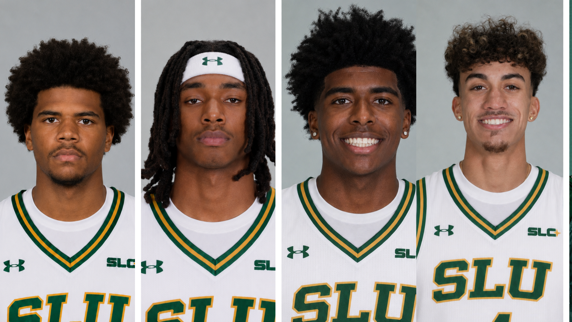 Men's basketball signees Muhammad II, Sims II, Sanford and Allen headshot pictures in collage