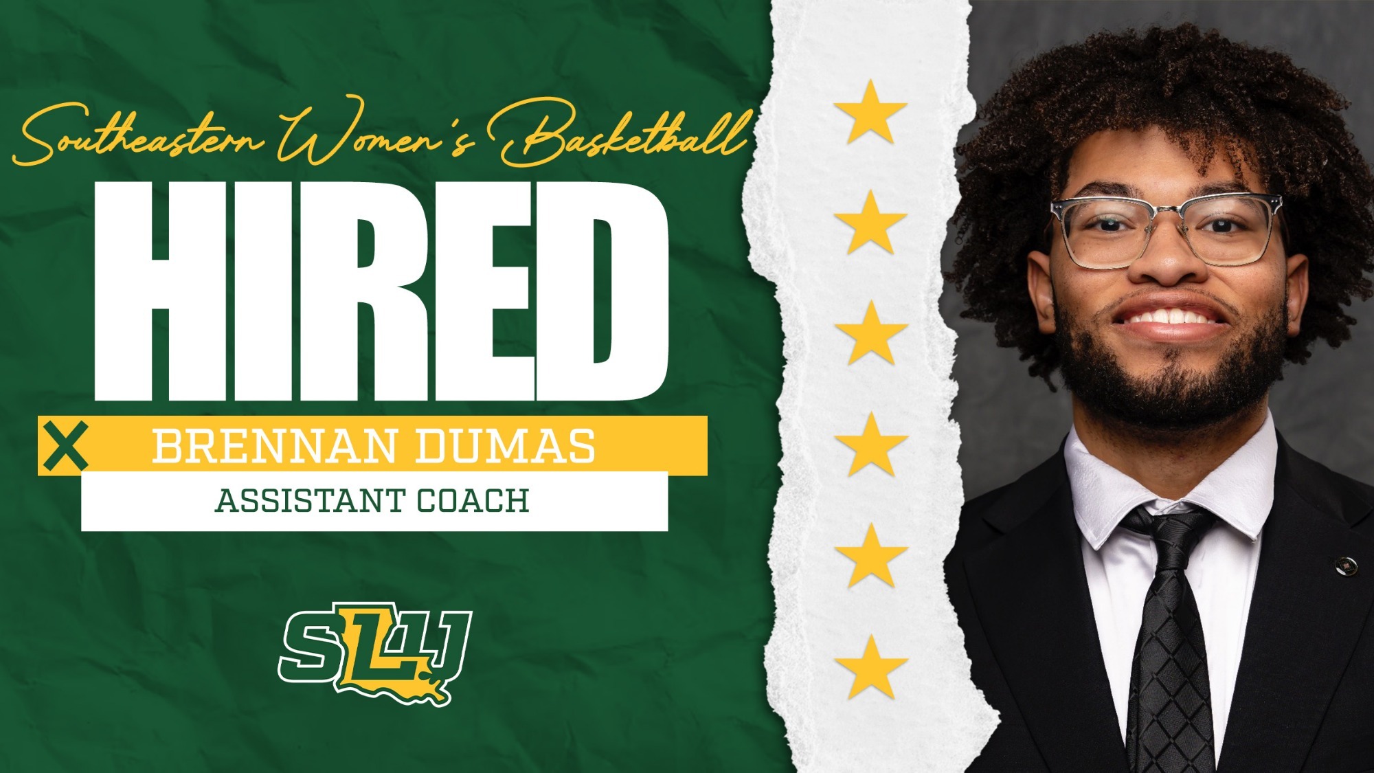 Assistant Brennan Dumas' headshot on a hired graphic with a Southeastern Logo