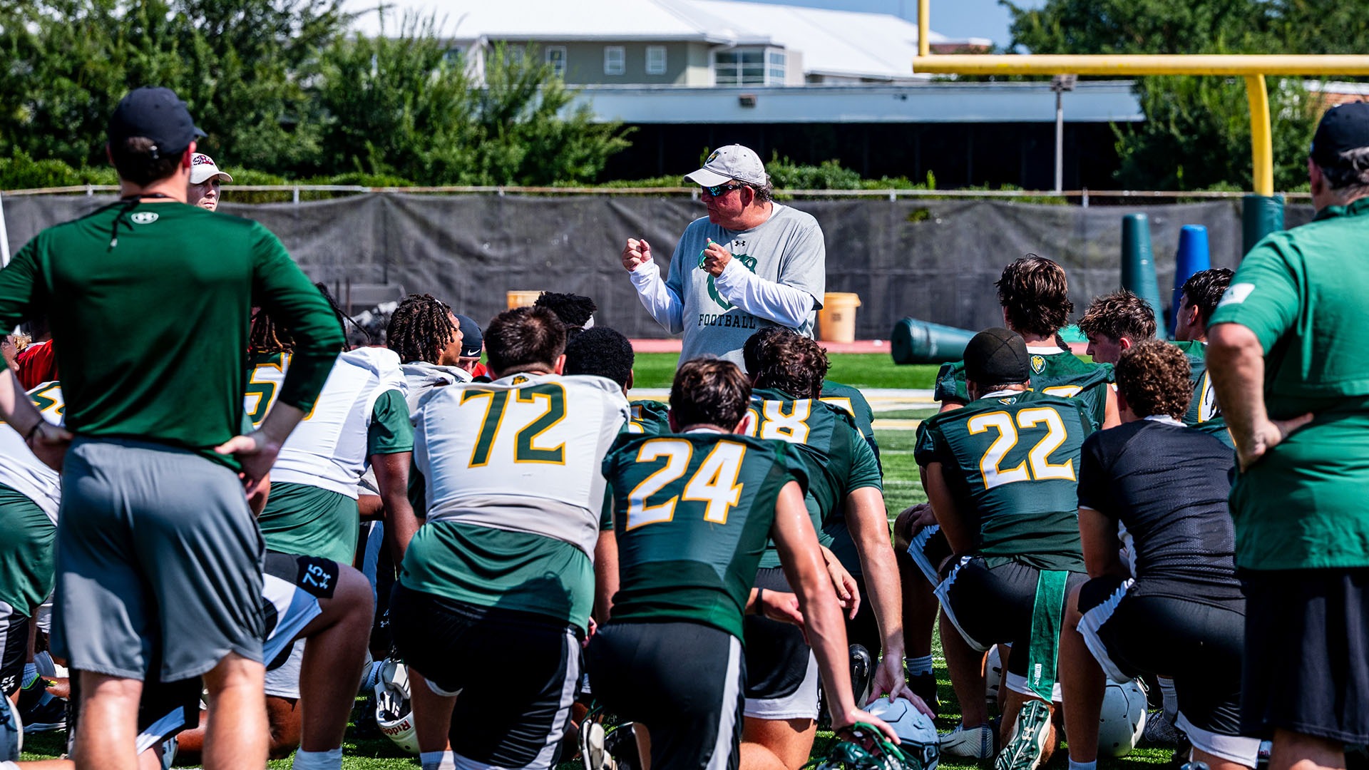 SLU head football coach Frank Scelfo addresses his team July 28, 2026
