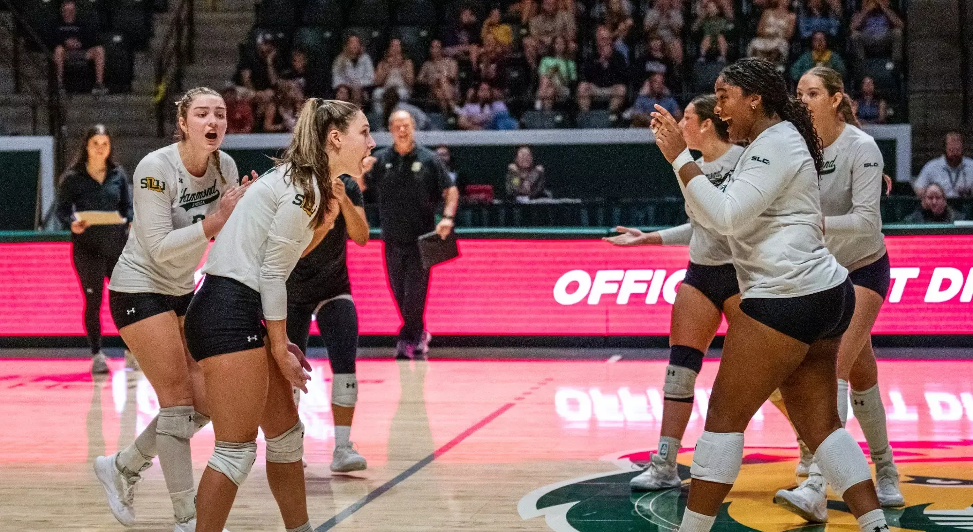 VB: Kyra McKelvey, Ashley Richardson, and the Lions get hyped up after a point in the University Center