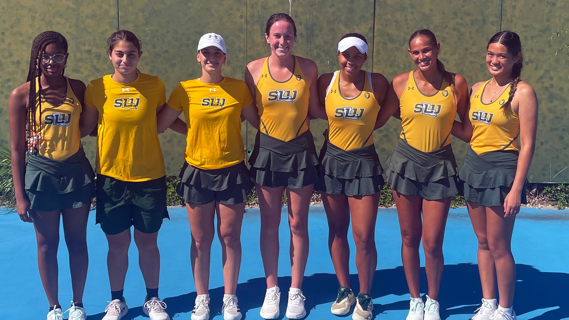 2026-27 SLU Women's Tennis Team at Dillard Invitational (Pictured from left: Mylah George, Mariam Makashvili, Mariam Tetradze, Kennedy Hutto, Gabrielle Rice, Bente Bierma and Jastine Escamos)