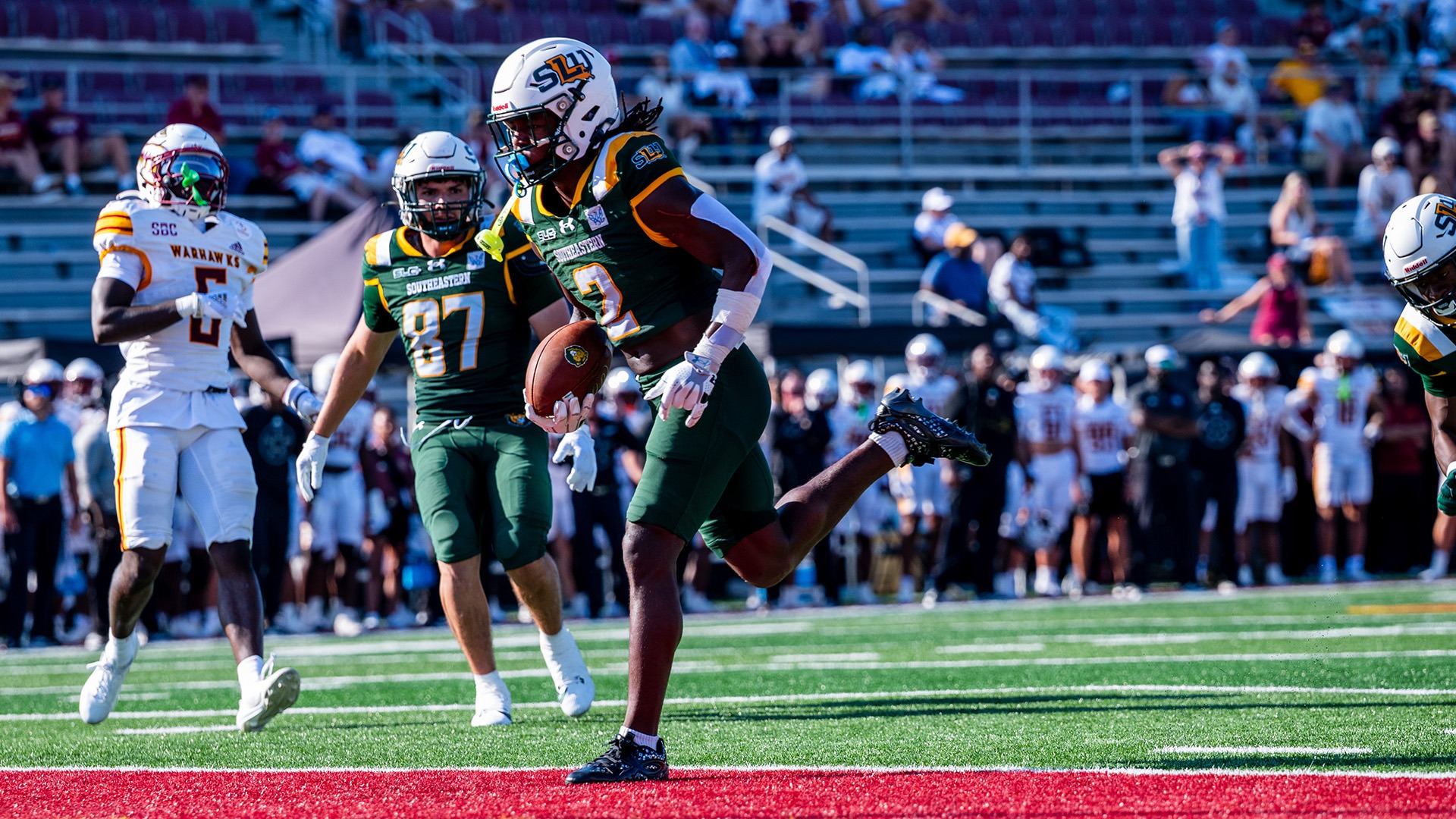 Kyree Paul scores a touchdown in Southeastern's 38-35 win at ULM Sept. 19, 2026
