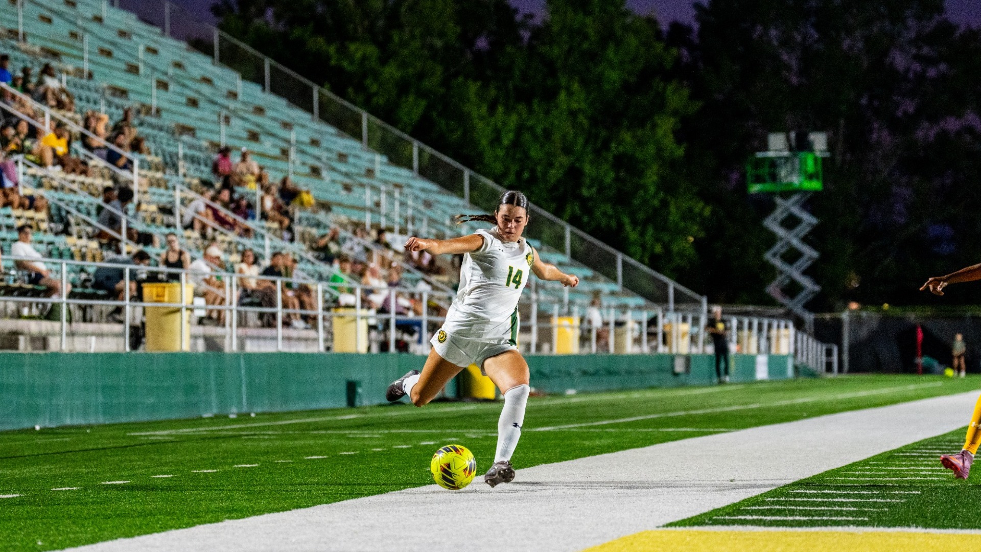 Danielle Muro going for an angled kick on an offensive attack vs McNeese defender 