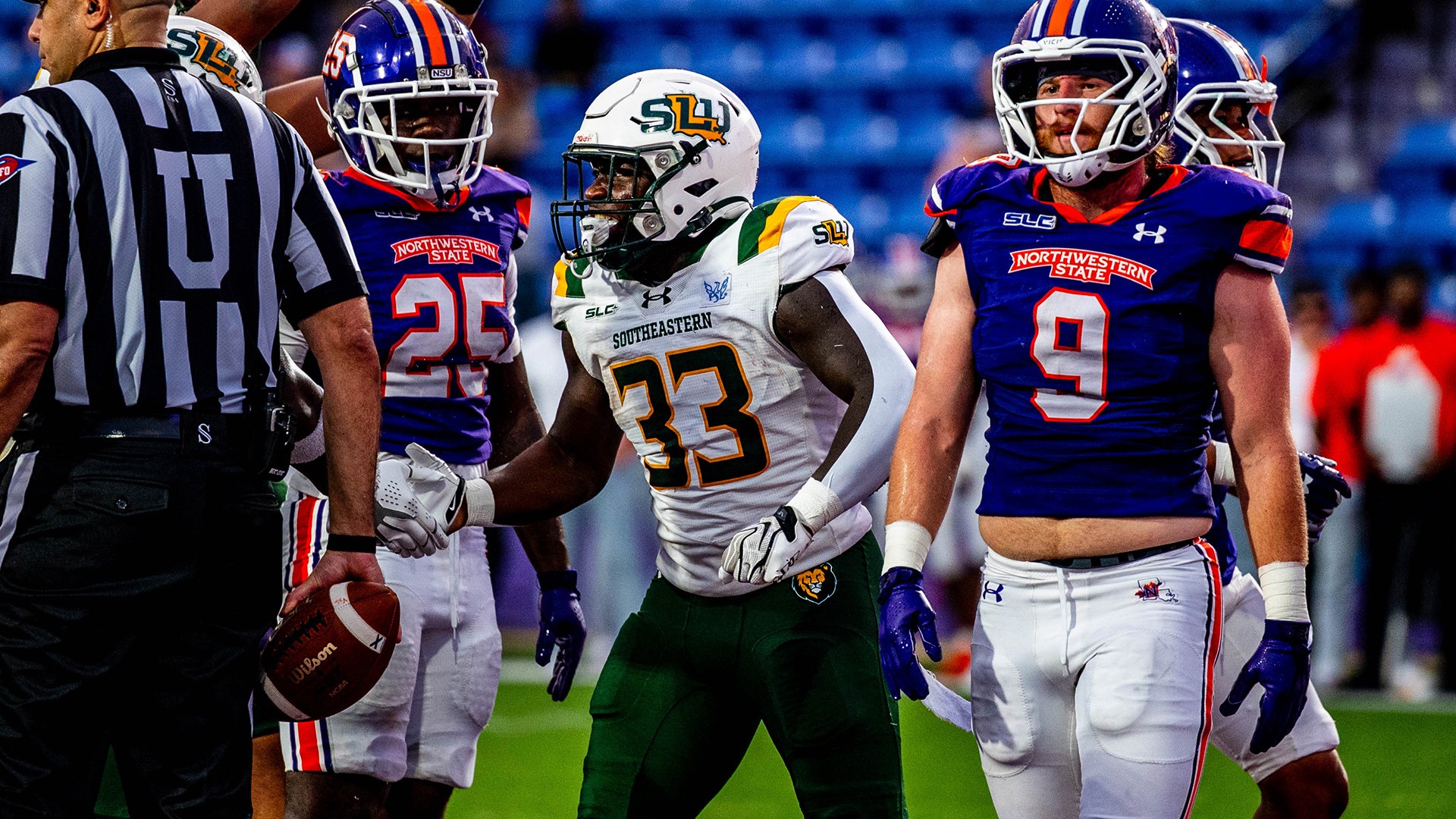 Chad Elzy Jr. celebrates the second of his three touchdowns in a 52-21 win at Northwestern State Sept. 26, 2026