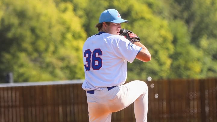 LLCC baseball player throwing a baseball.