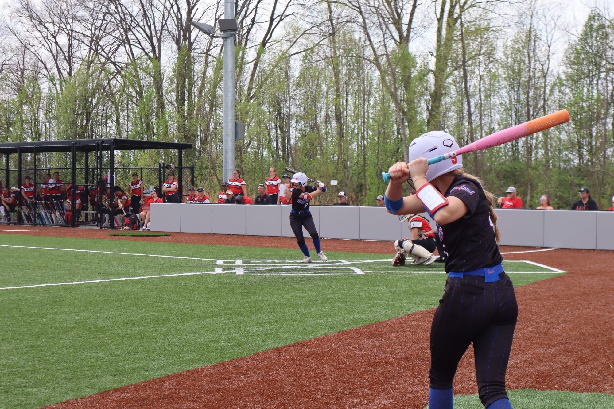 LLCC softball player hitting.