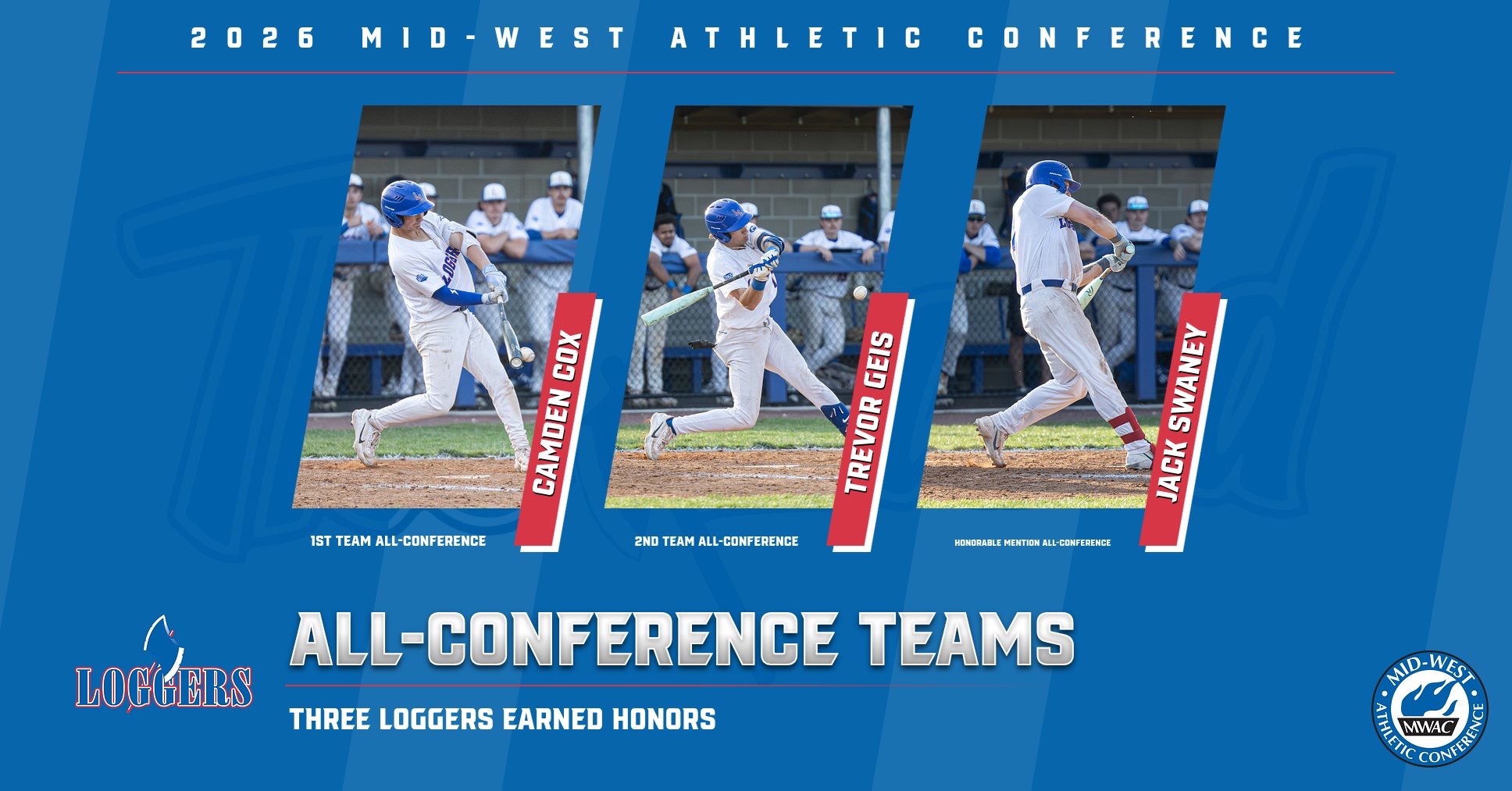 LLCC baseball players hitting baseball for MWAC awards.