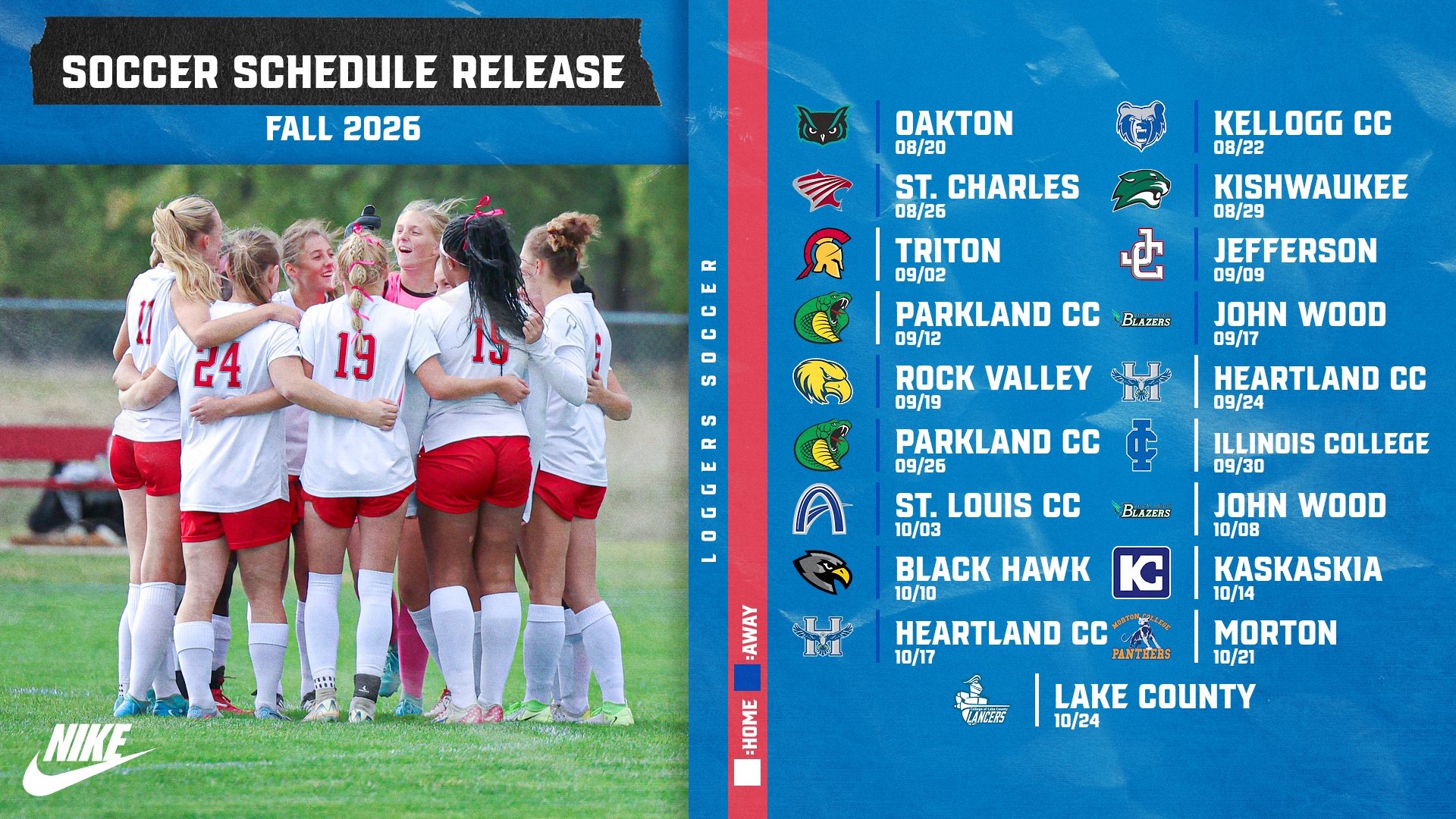 LLCC women's soccer team standing in a circle with their 2026 schedule.