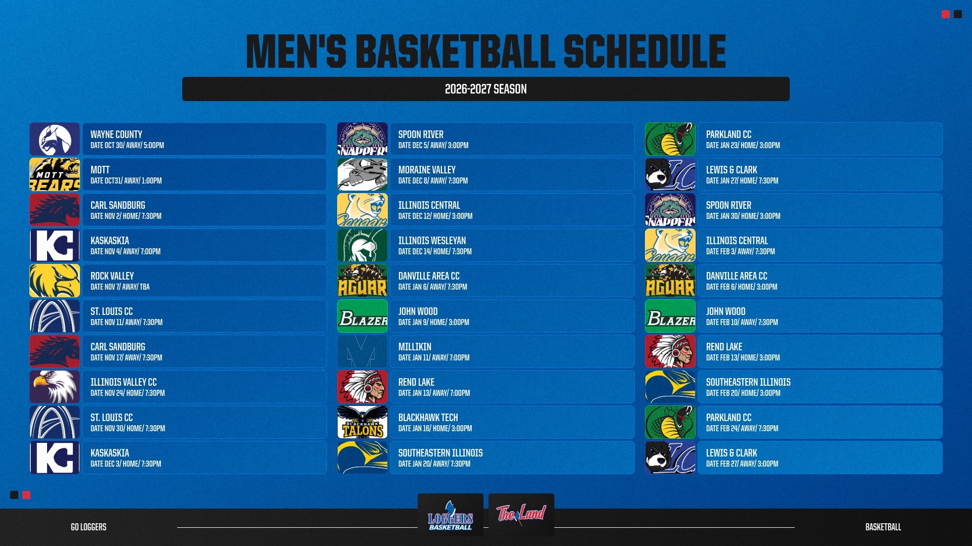 LLCC men's basketball team 2026-2027 schedule.