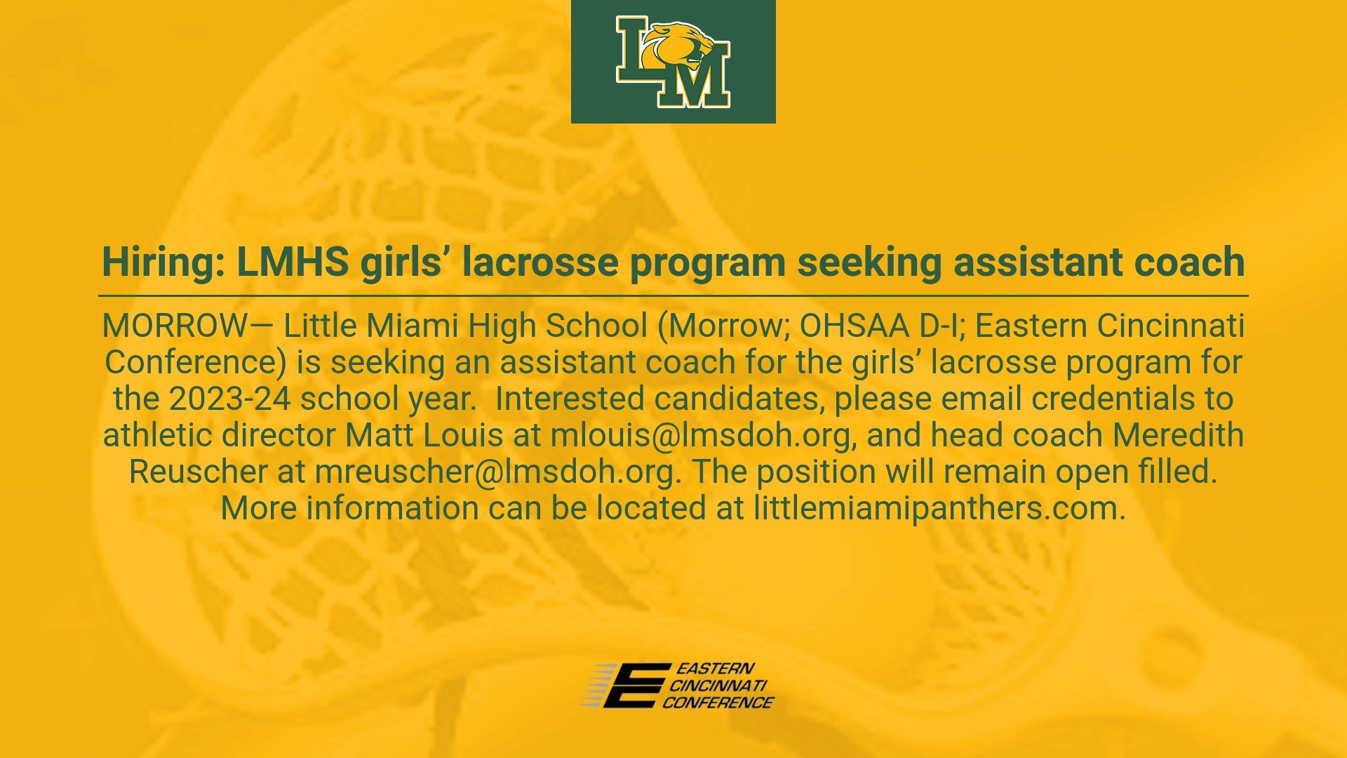 2023 Girls' Lacrosse assistant coach posting