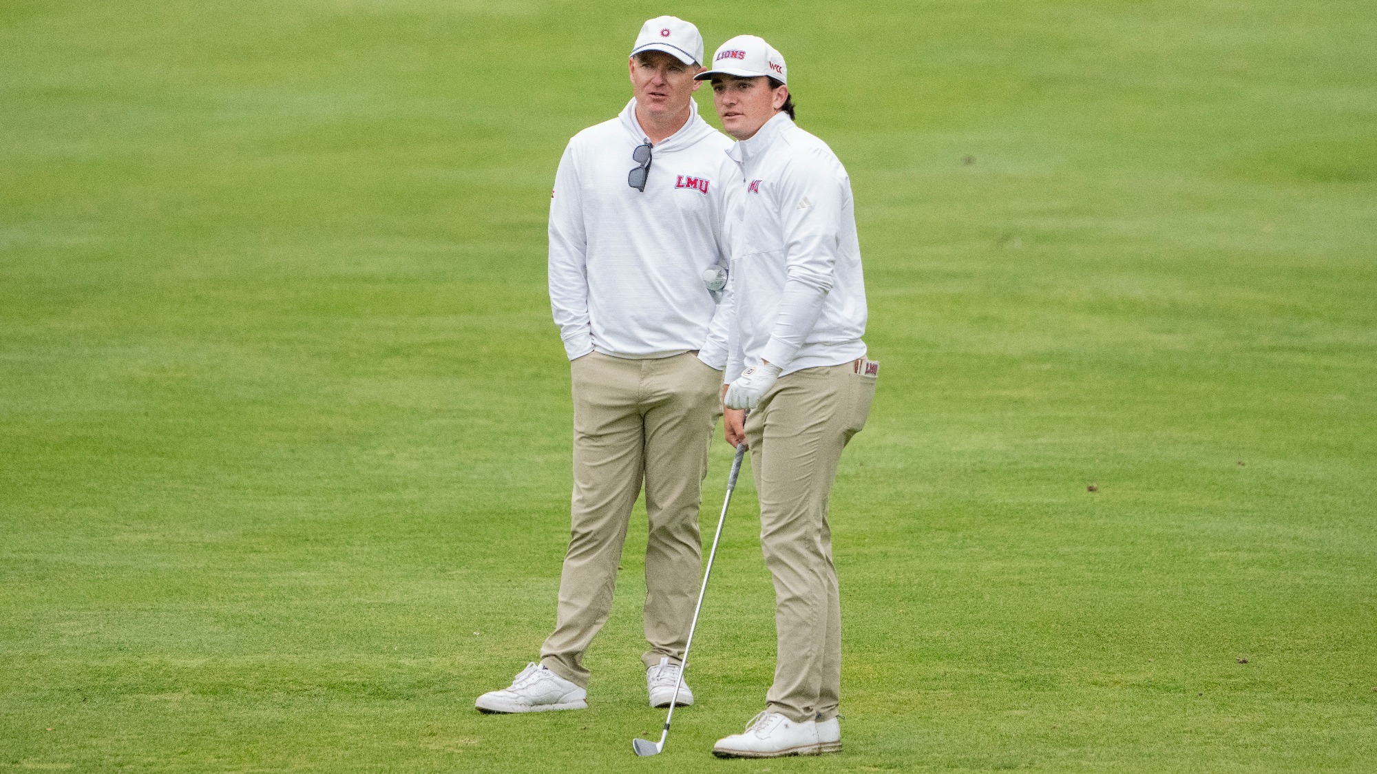 May 2, 2026; Fairfield, CA, USA; Loyola Marymount Lions men’s golf head coach Jason D'Amore and golfer Trevor Algya during the WCC Golf Championships at Green Valley Country Club.