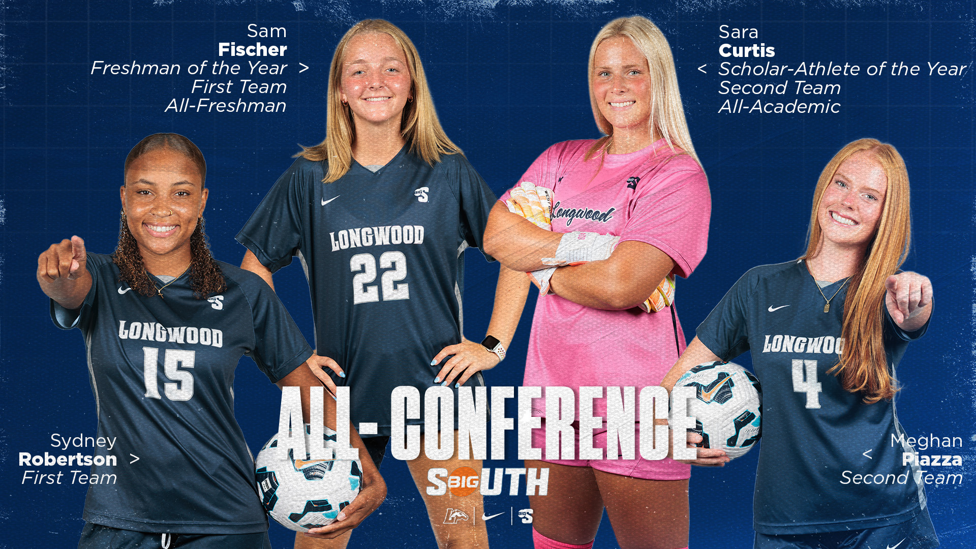 Sam Fischer, Sara Curtis, Sydney Robertson, Meghan Piazza | Sydney Robertson, Sam Fischer, Sara Curtis and Meghan Piazza earn All-Big South honors | Sam Fischer: Freshman of the Year, First Team, All-Freshman Team | Sydney Robertson: First Team | Sara Curtis: Scholar-Athlete of the Year, Second Team, All-Academic Team | Meghan Piazza: Second Team