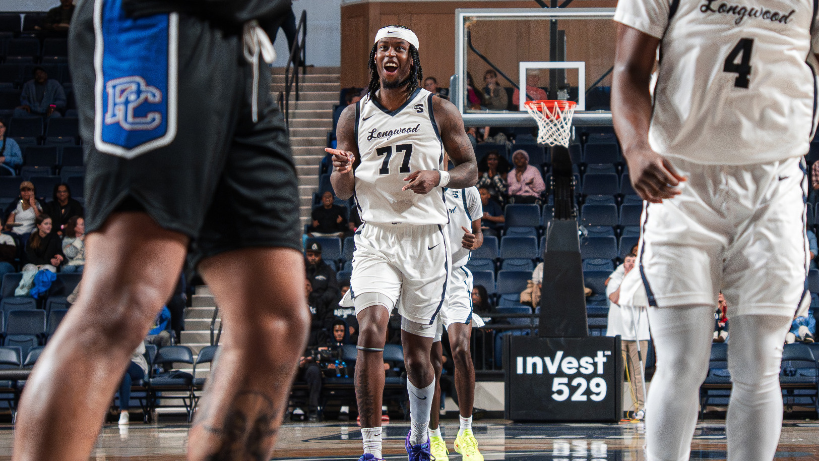 Elijah Tucker runs up the floor against Presbyterian