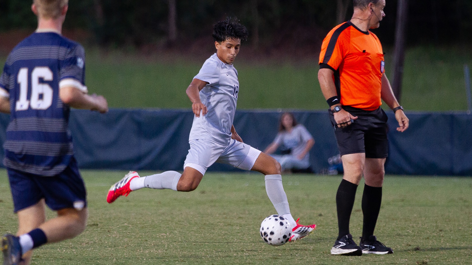 Steven Rivas pulls his leg back to boot the ball down the field in Longwood's home game with Navy on Sept. 15, 2026. 