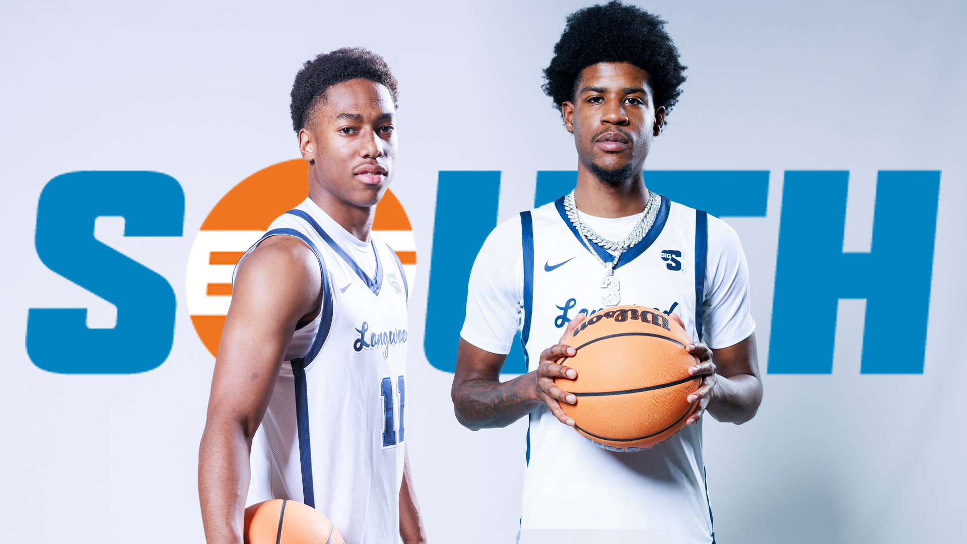 Cutouts of MJ Williams on the left and Alphonso Billups III on the right in their white Longwood uniforms, holding basketballs with a Big South logo behind them. 