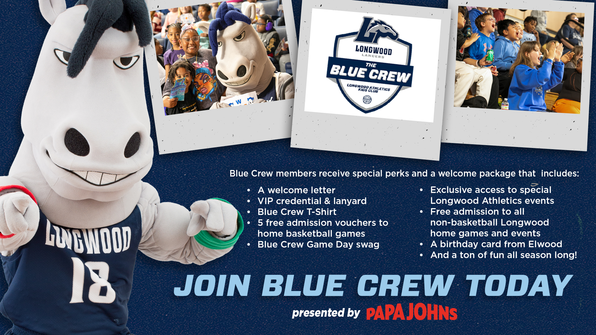 Join Blue Crew Today presented Papa Johns graphic with a cutout of Elwood on the left and action shot of younger Lancers fans in polaroids at the top. 