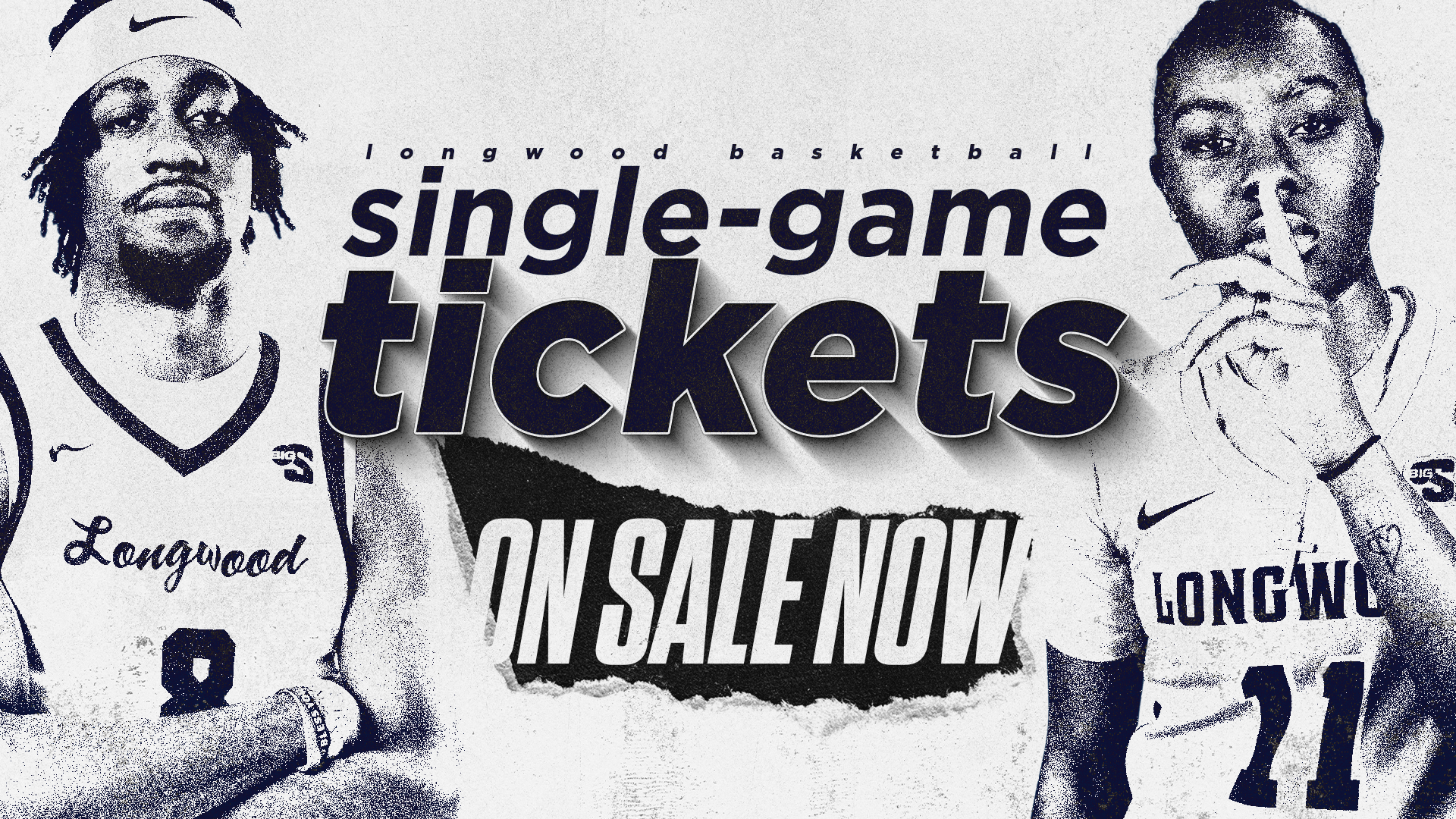 Single-game ticket graphic featuring men's player Isaiah Kalala and women's player Jesstynie Scott in a blue and gray grunge effect. 