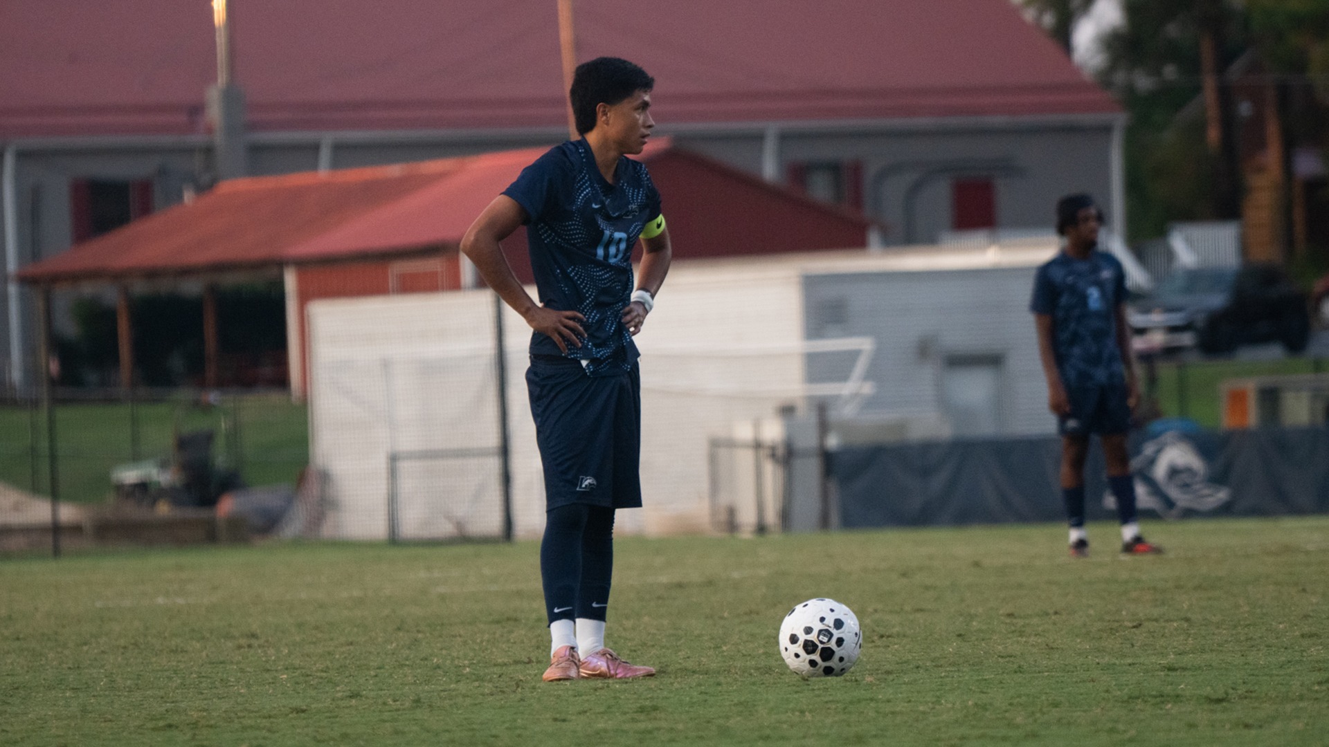 Brando Bedolla stands over a free kick in Longwood's win over Southern Virginia on Aug. 28, 2026. 