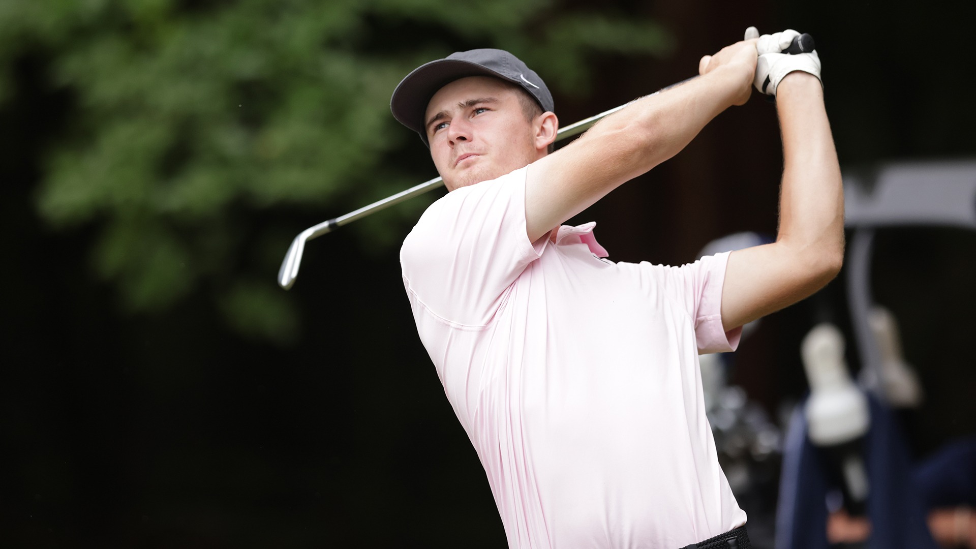 Matthew Hartley poses after hitting a tee shot at the Byran National Collegiate. 