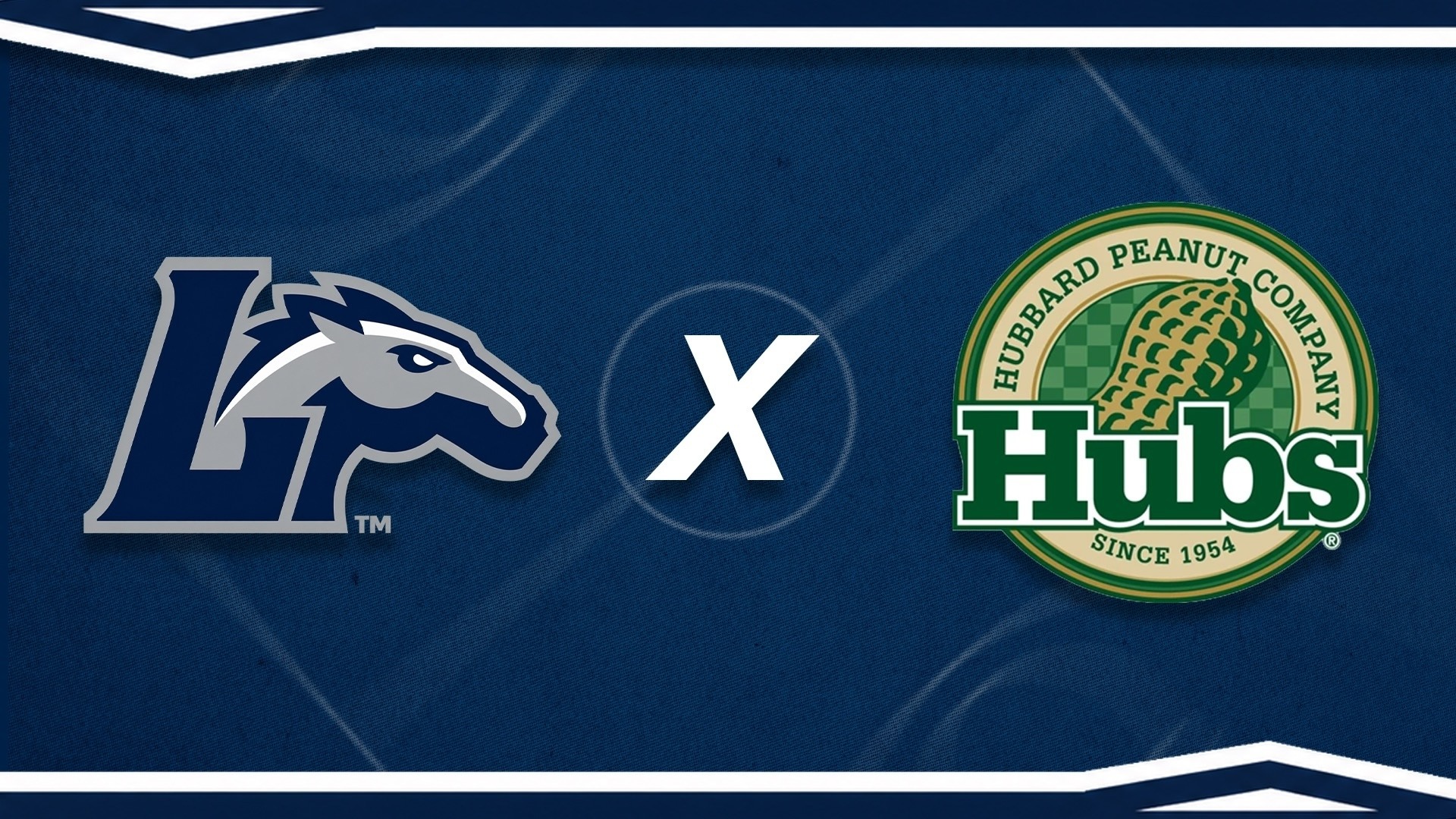 Graphic celebrating a partnership between Longwood Athletics and Hubs Peanuts. The background is blue with the Longwood logo on the left X and the Hubs logo on the right. 