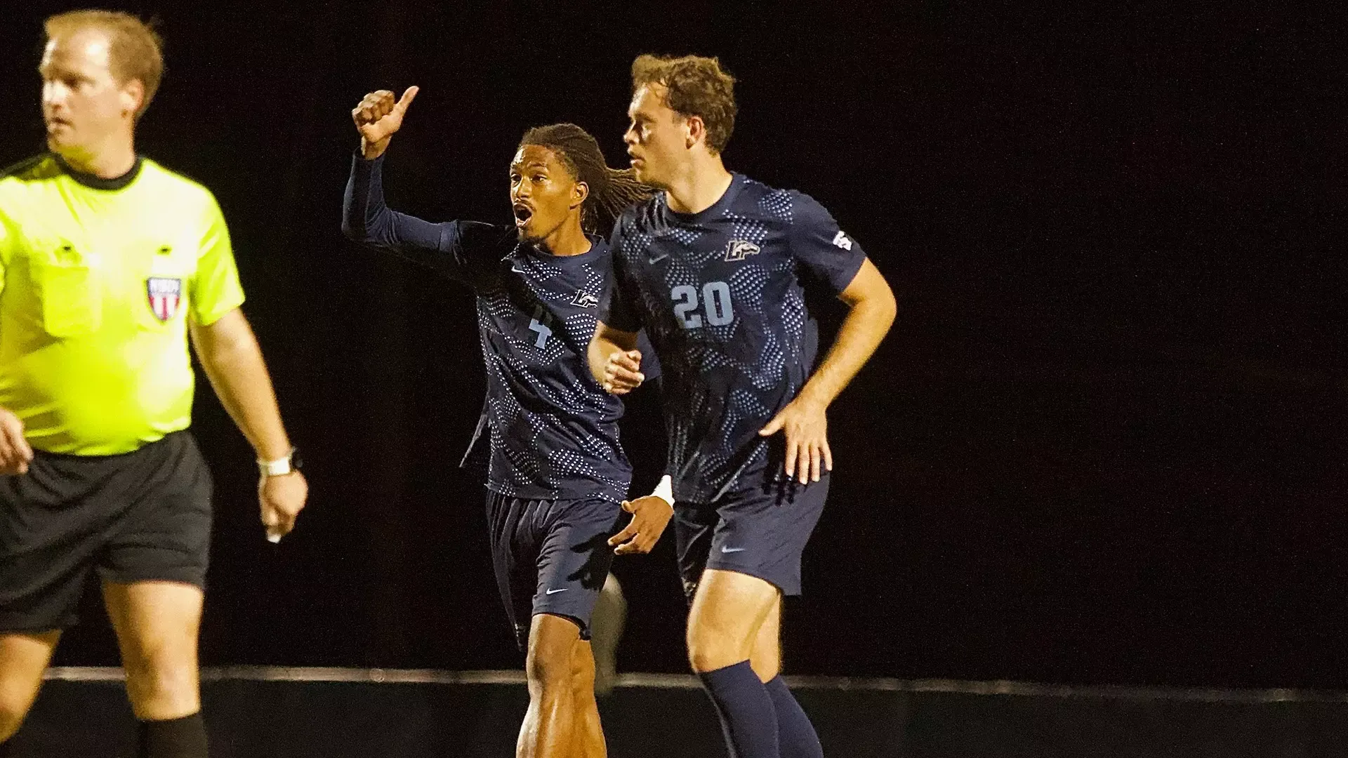 Jahiem Campbell gives the thumbs up after a defensive play in Longwood's Senior Night match vs. Radford. 