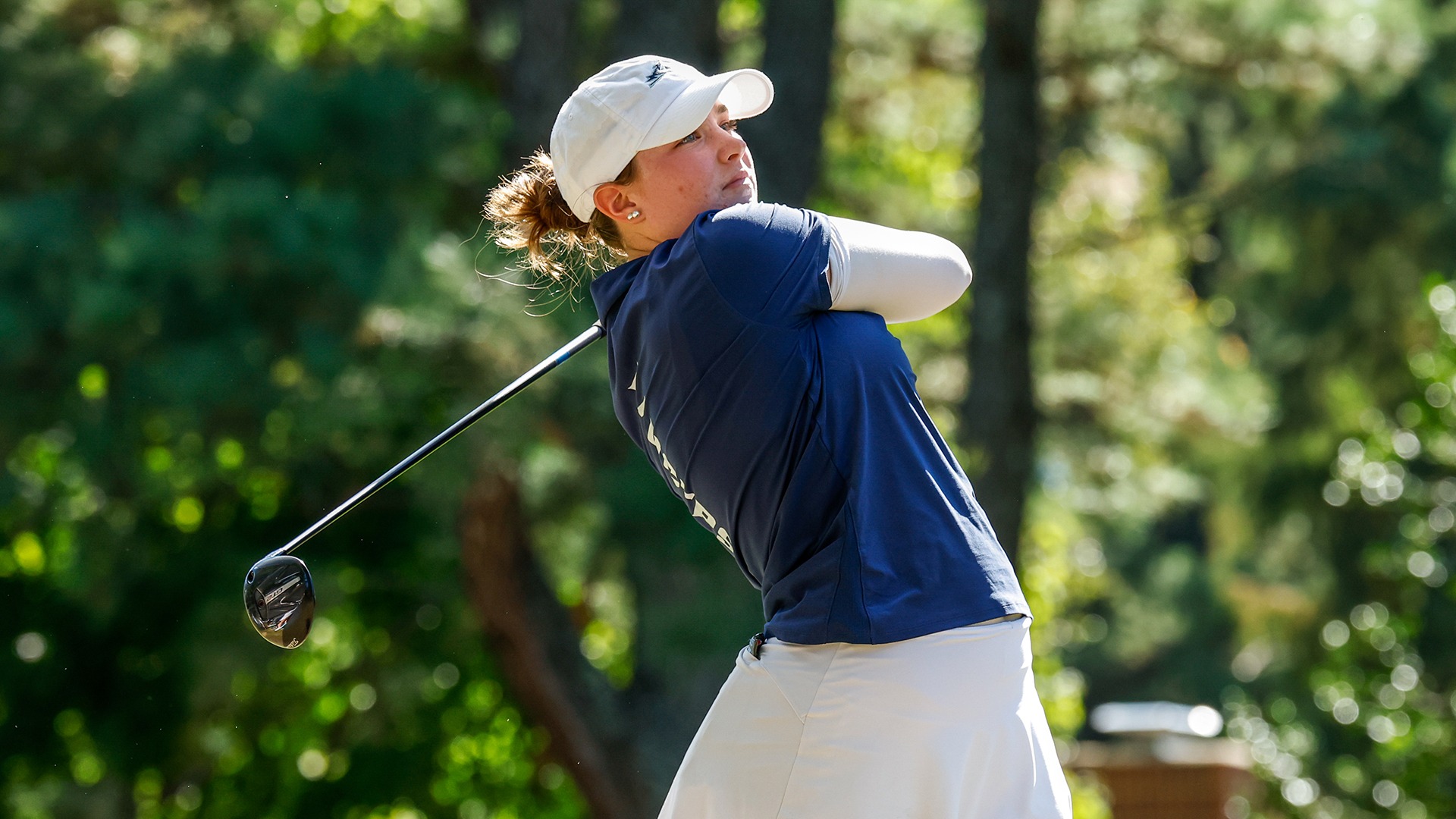 Avery Nordman watches her drive after following through on a tee shot during a practice round at the Tribe Invitational at the Kingsmill River Course. 