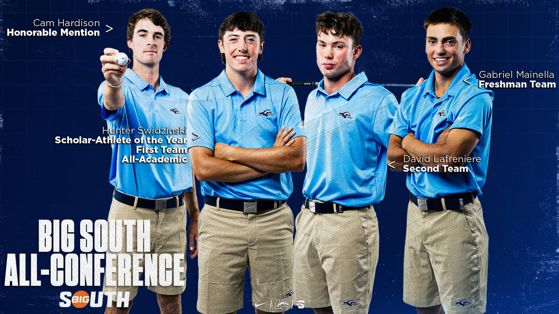 Men's Golf | Big South All-Conference | Hunter Swidzinski First Team, Scholar-Athlete of the Year, Academic Team | David Lafreniere Second Team | Cam Hardison Honorable Mention | Gabriel Mainella Freshman Team