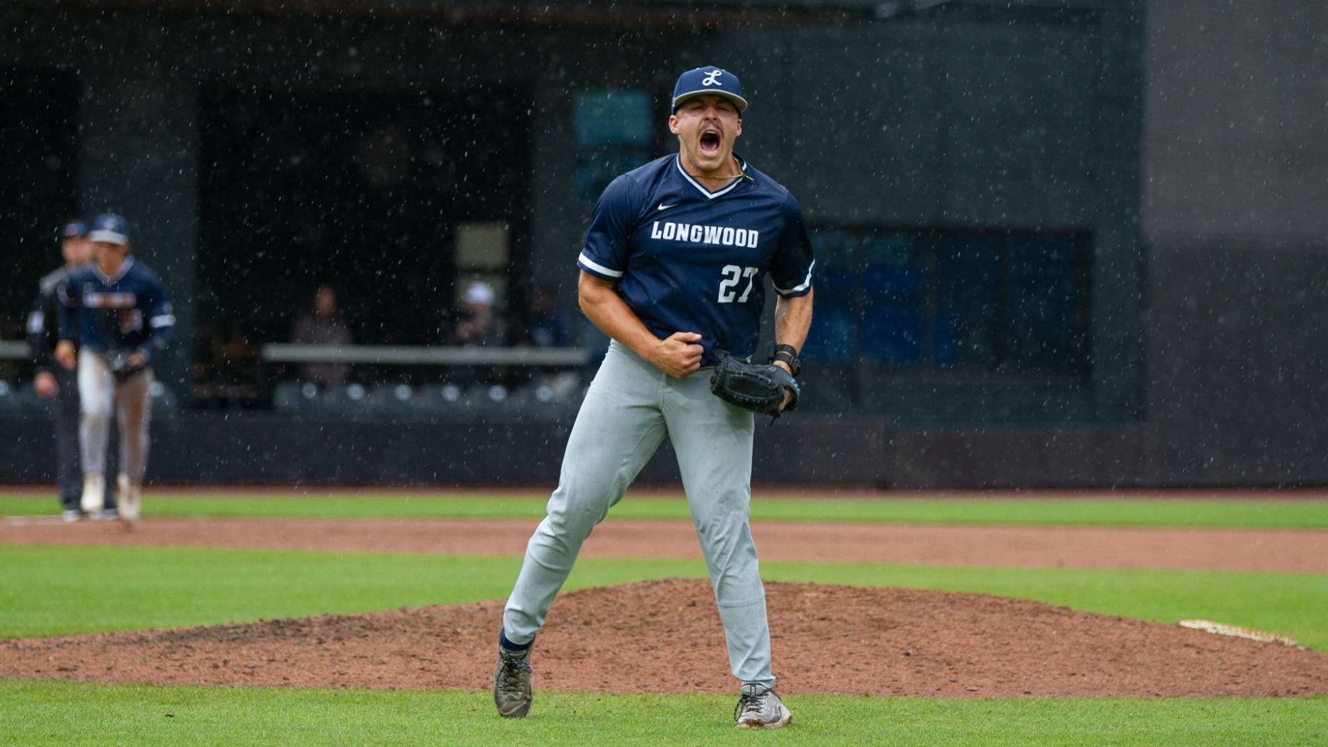 JR Fordham roars after recording an out at the Big South Tournament