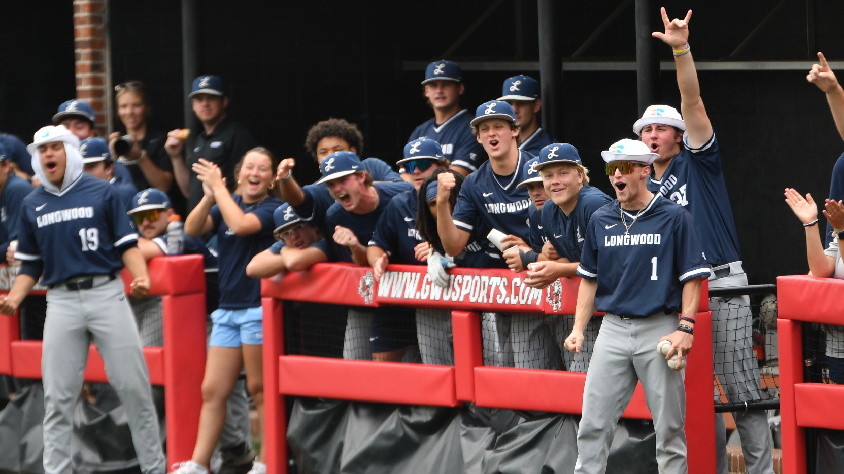 The Longwood dugout celebrates at the Big South Championship