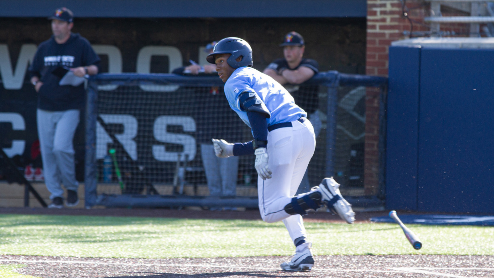 Ben Pulliam runs to first base for Longwood baseball