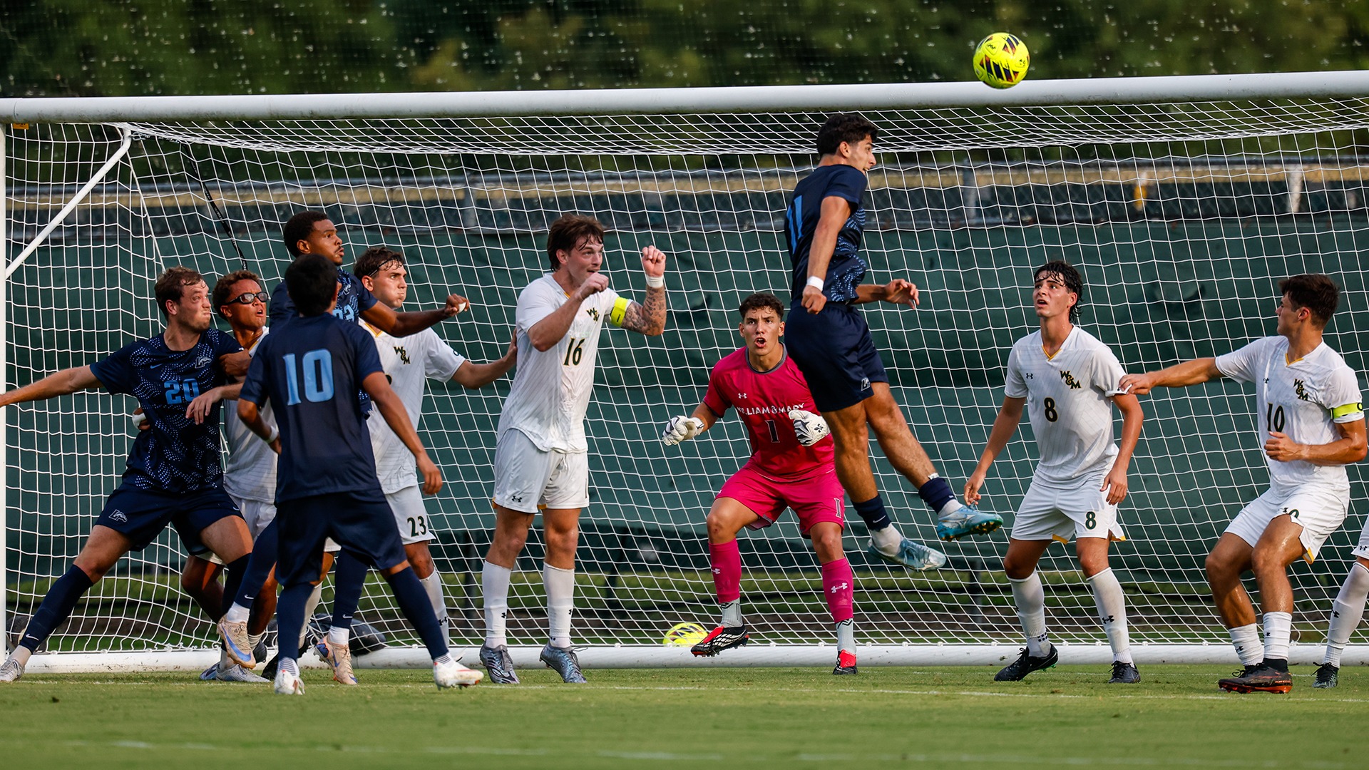 Youssef Shafei elevates for a header against the William & Mary defense during the opening half of Longwood's season-opening 6-5 win in Williamsburg. 