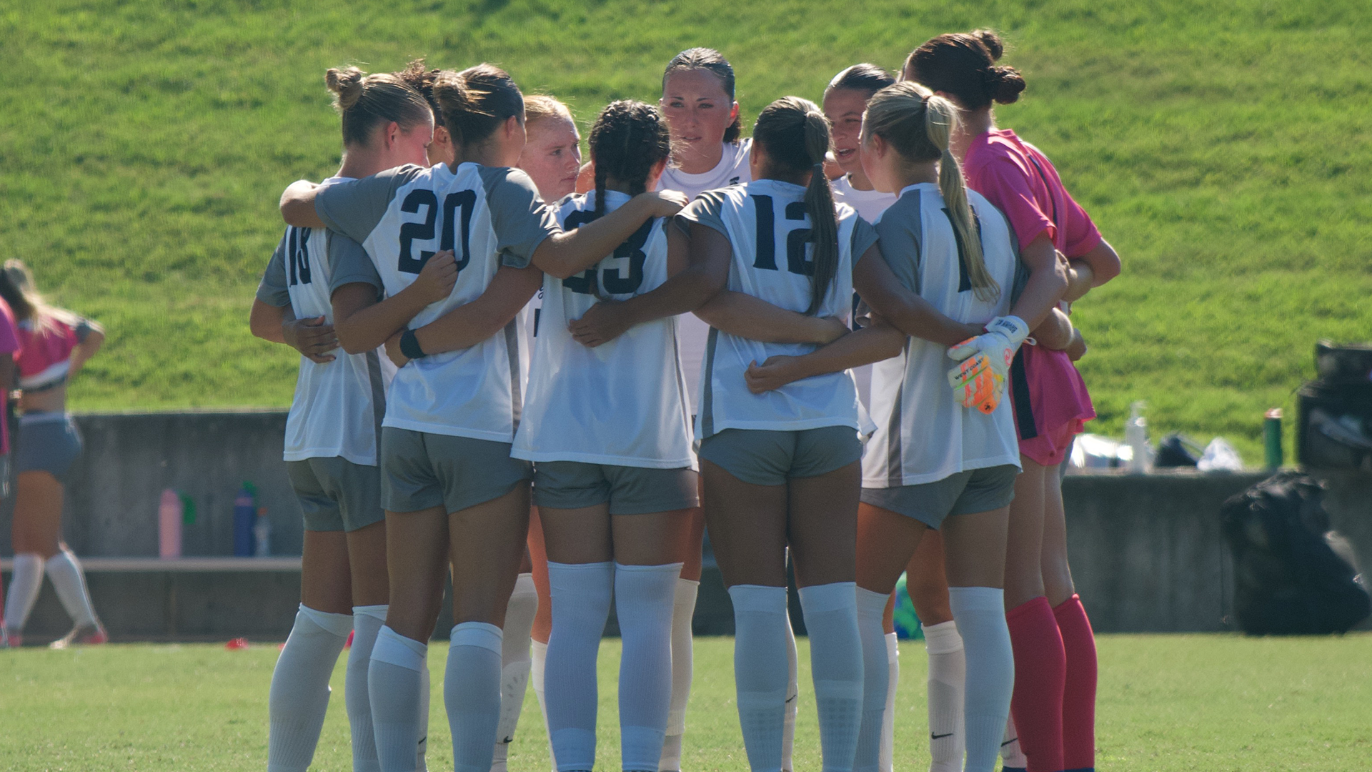 Lancers huddle up during the women's soccer game against ETSU on August 30 at the Longwood Athletics Complex