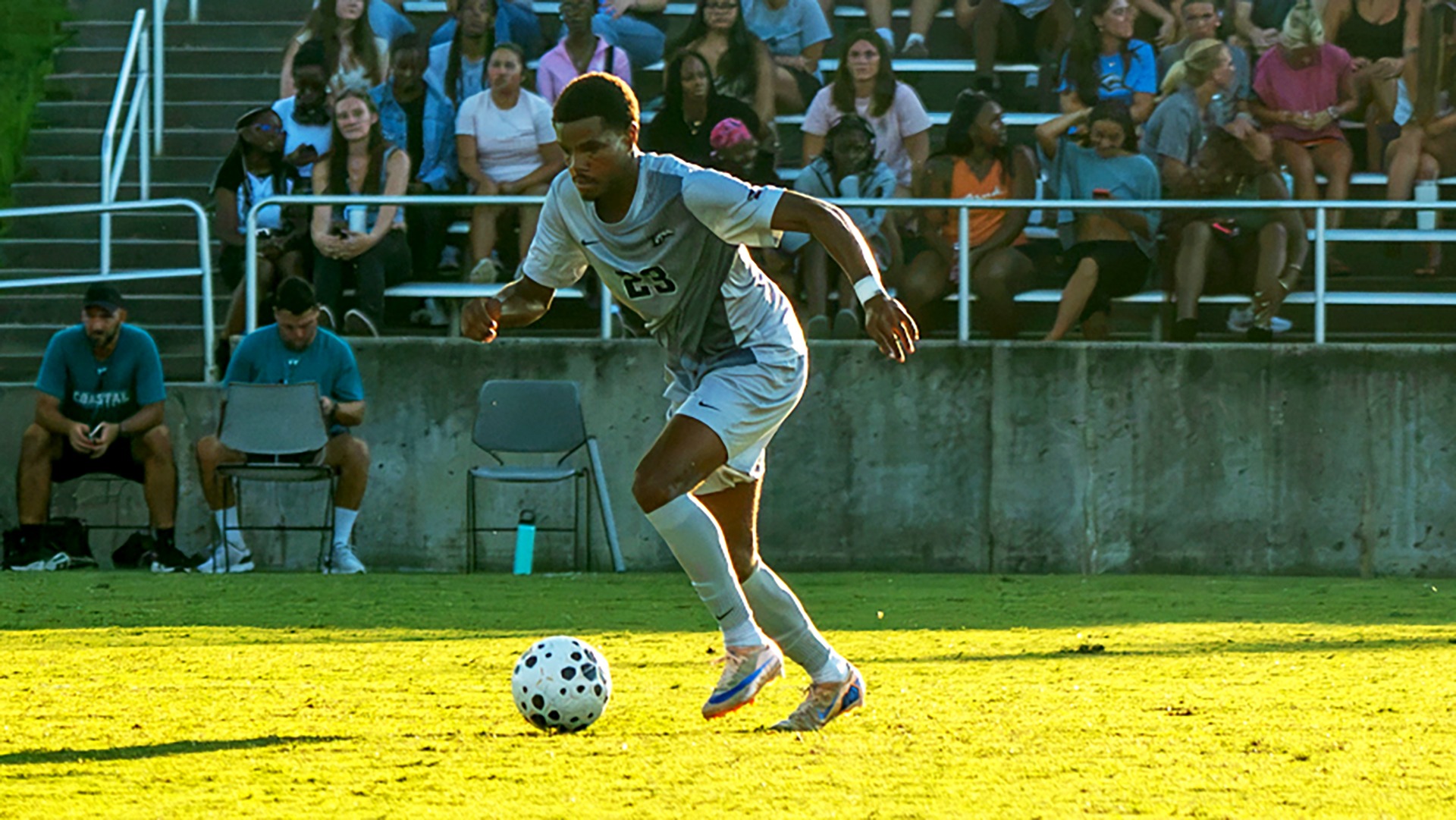 Joshwa Campbell starts to dribble up field in the opening half of Longwood's win over Campbell on Aug. 24. Campbell scored twice in the game. 