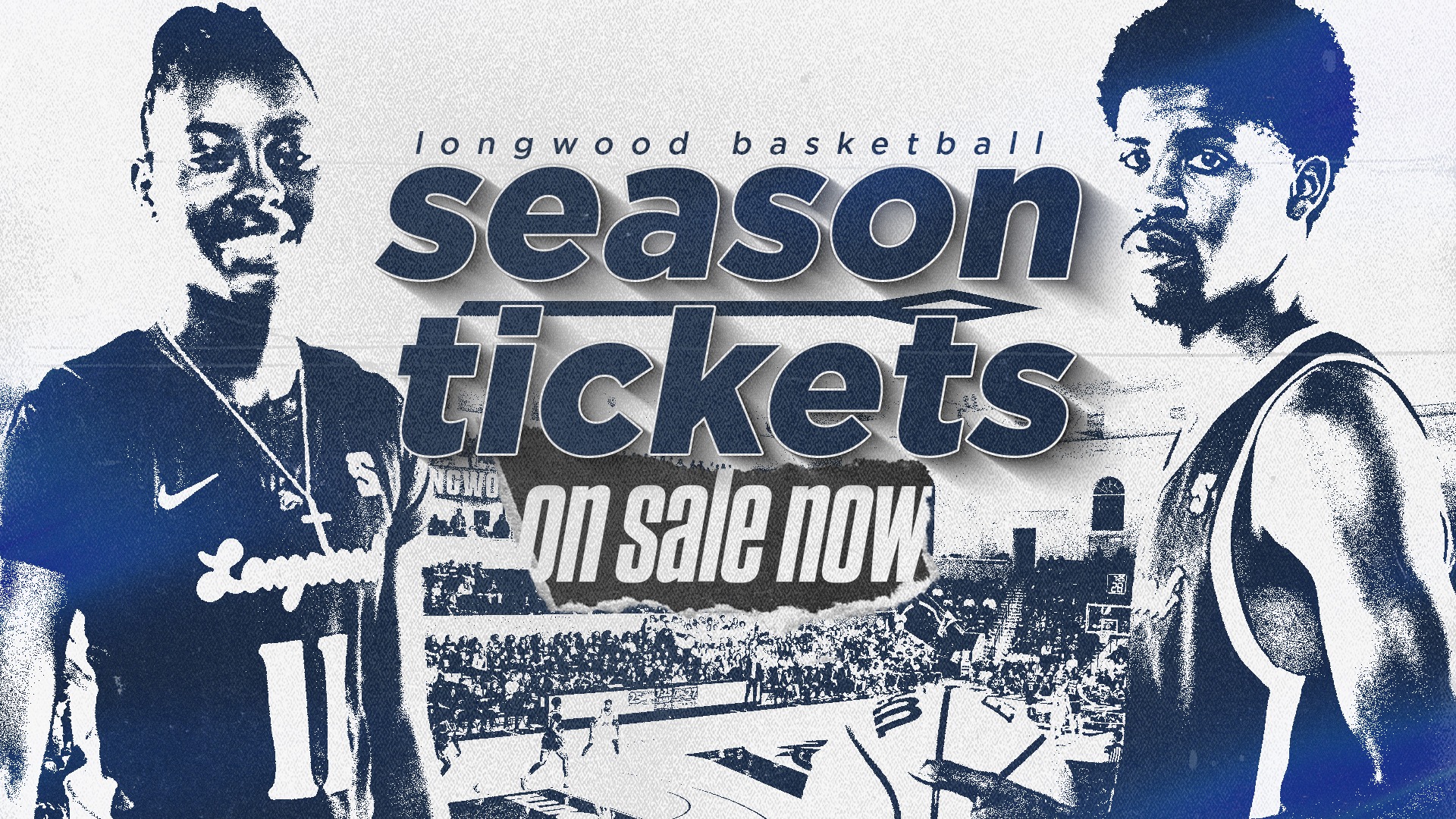 Men's and Women's basketball season tickets now on sale graphic, featuring Jesstynie Scott on the left and Alphonzo Billups III on the right. The background is the Joan Perry Brock Center and the graphic has a grunge effect to it. 