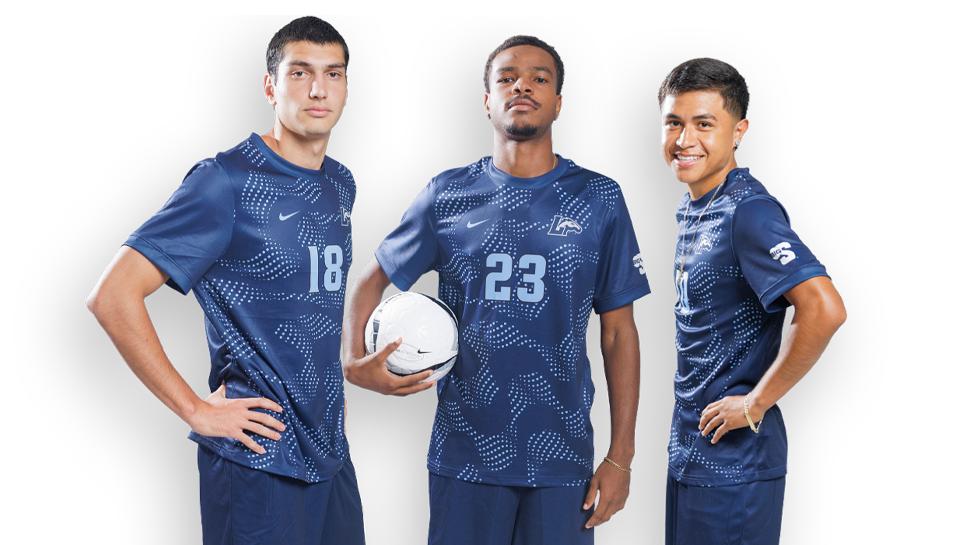 A graphic with cutouts of the three Longwood players - Levon Saribekyan, Joshwa Campbell and Brando Bedolla - against a white backdrop, wearing blue uniforms. 