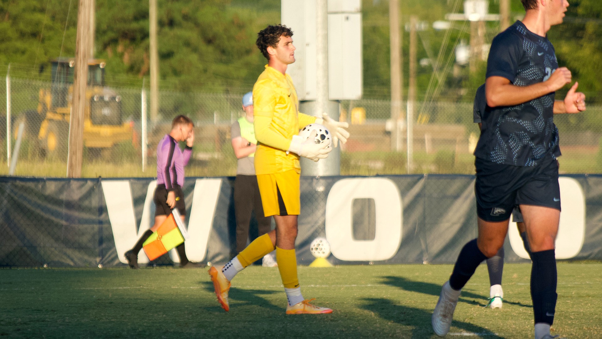 Nicolas Pucci holds the ball in one hand and pushes his teammates to move up field during the first half of Longwood's 2-0 win over USC Upstate on Sept. 26, 2026 at the Longwood Athletics Complex. 