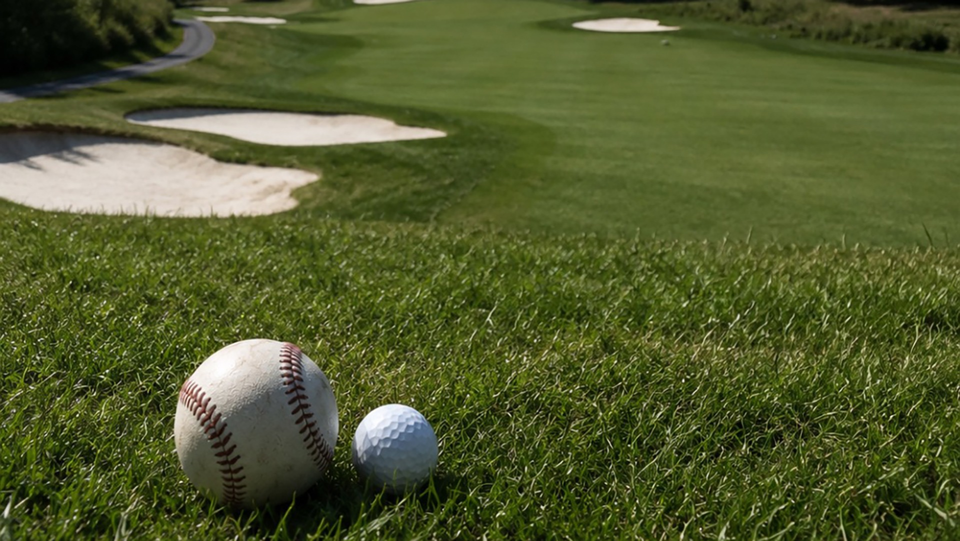 A baseball and a golf ball sitting on a hill overlooking a fairway at The Manor Golf Club. 
