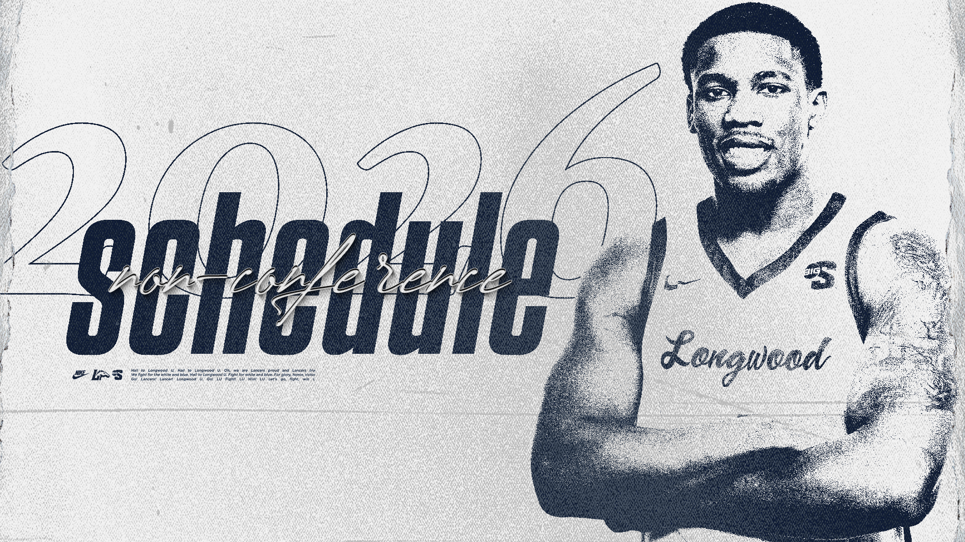 2026 non-conference schedule graphic in blue and white with a grunge effect featuring Jaylen Benard with his arms crossed.