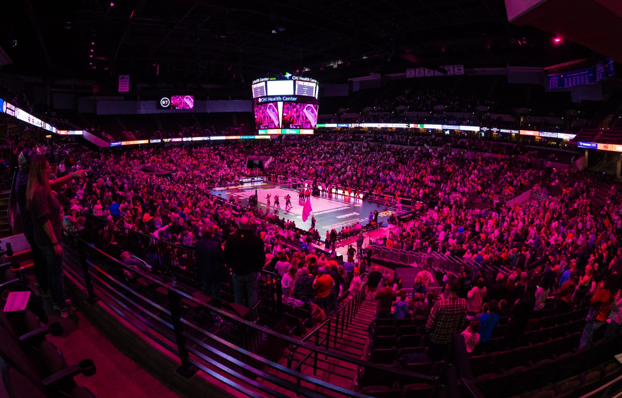 The Omaha Supernovas celebrate set point against the Grand Rapids Rise during a Pro Volleyball Federation match held at CHI Health Center Omaha, March 30, 2025 in Omaha, Nebraska. (Photo by Bonnie Ryan for Omaha Supernovas/Pro Volleyball Federation)