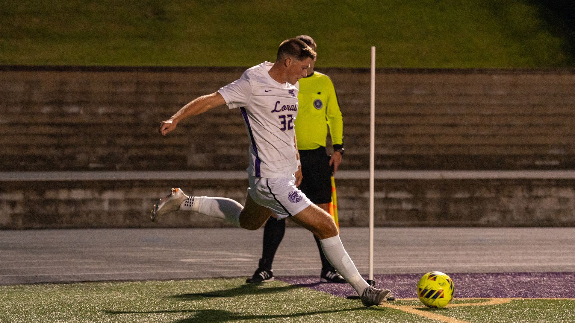 Lance taking a corner kick against westminster 2026
