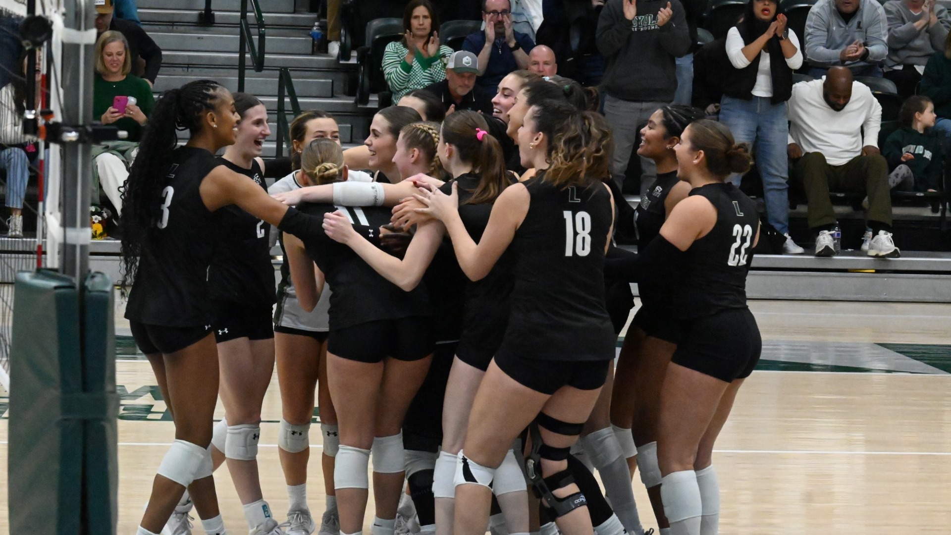 Volleyball celebrates a 3-0 win on senior day